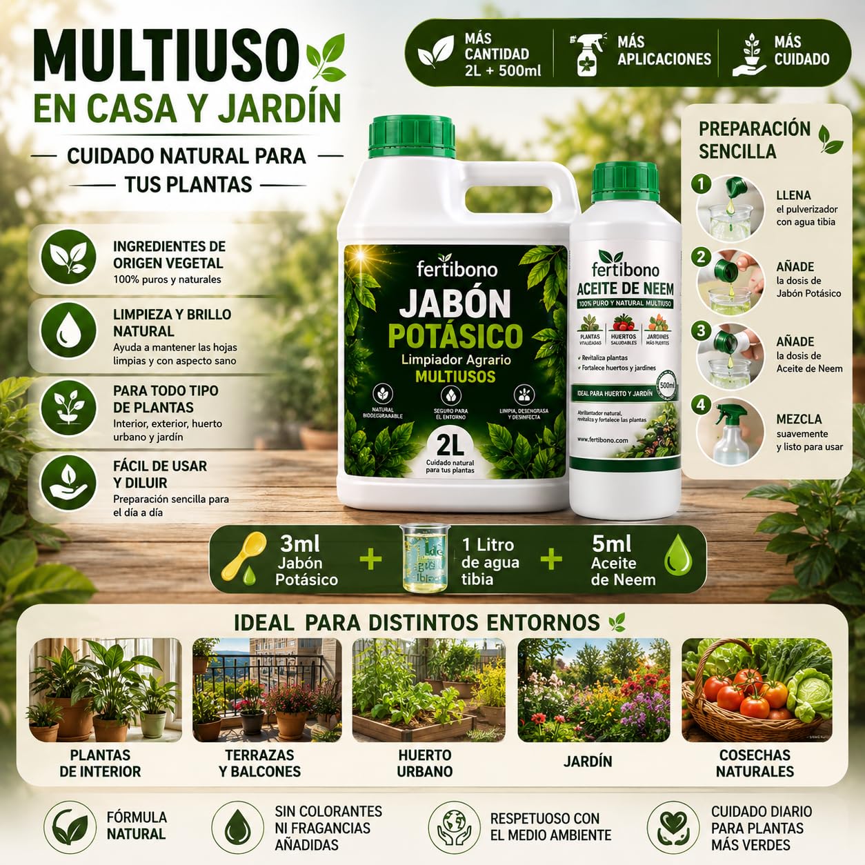 FERTIBONO FLORANIM Multiuso - Jabón Potásico 2L + Aceite de Neem 500 ml para Plantas, Huerto y Jardín - Pack Concentrado para Diluir en Agua y Pulverizar
