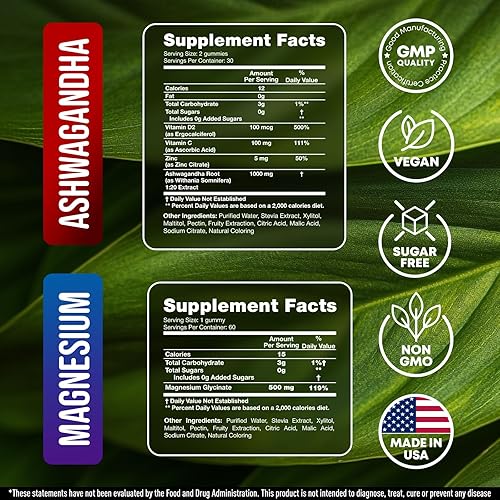 Miniatura 3 de JOYLI - Paquete de gomitas de magnesio y ashwagandha, veganas sin azúcar con glicinato de magnesio y raíz de ashwagandha, apoyo diario para el
