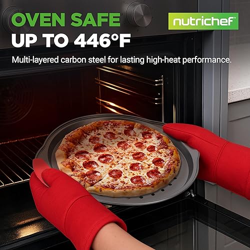Miniatura 6 de NutriChef Juego de bandejas para pizza de 3 piezas con asas de silicona, sartén redonda antiadherente para pizza con agujeros perforados, acero al