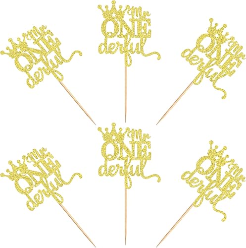 Miniatura 7 de Ercadio Paquete de 24 coronas de Mr Onederful para cupcakes, corona dorada con purpurina, una corona de príncipe para el primer cumpleaños,