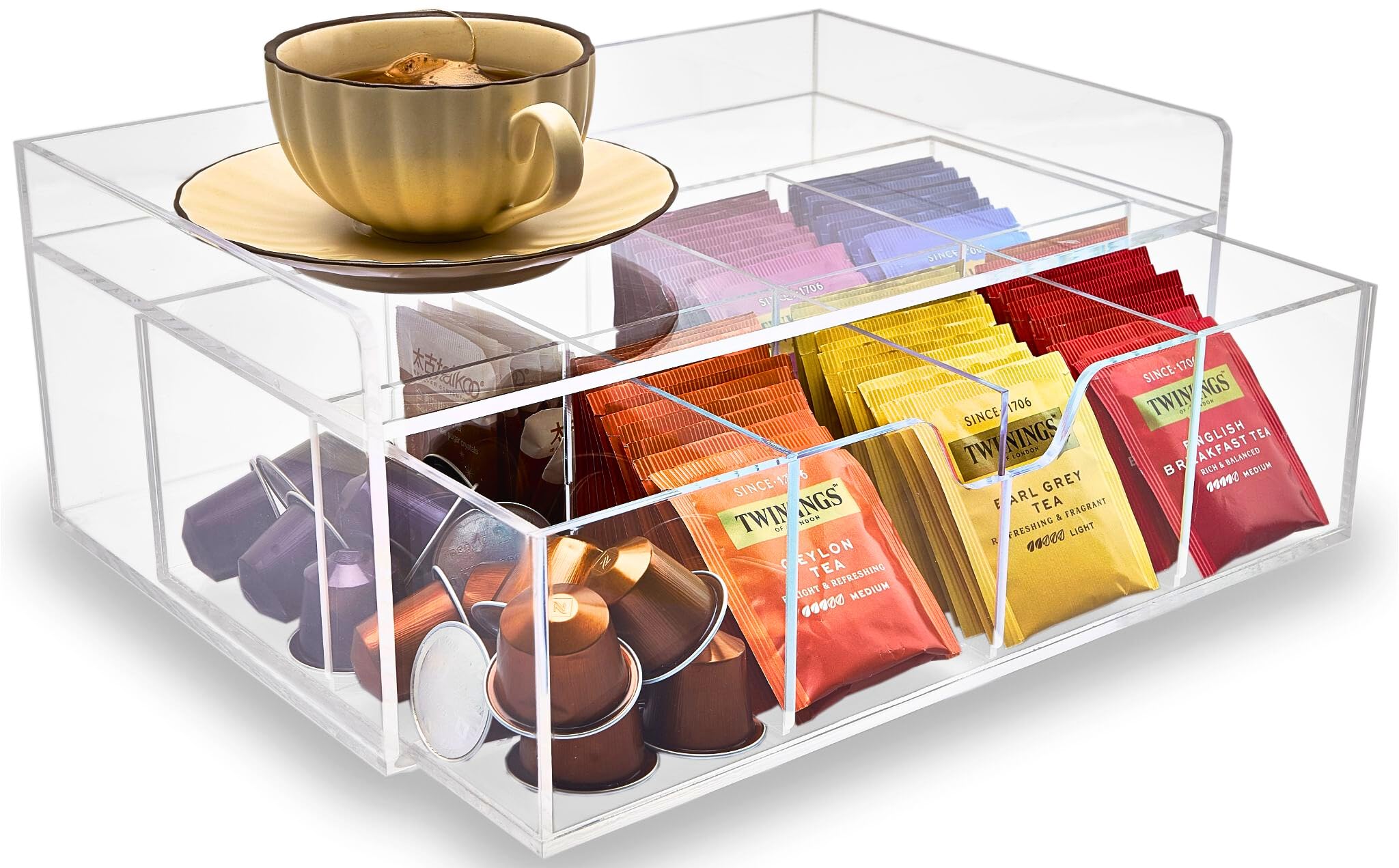 Meicloud Acrylic Tea Station Organizer for Countertop - Tea Bag Organizer Drawer, Clear Lucite K Cup and Coffee Pod Storage box with 8 Compartments, Tea Caddy Creamer Holder Display Stand
