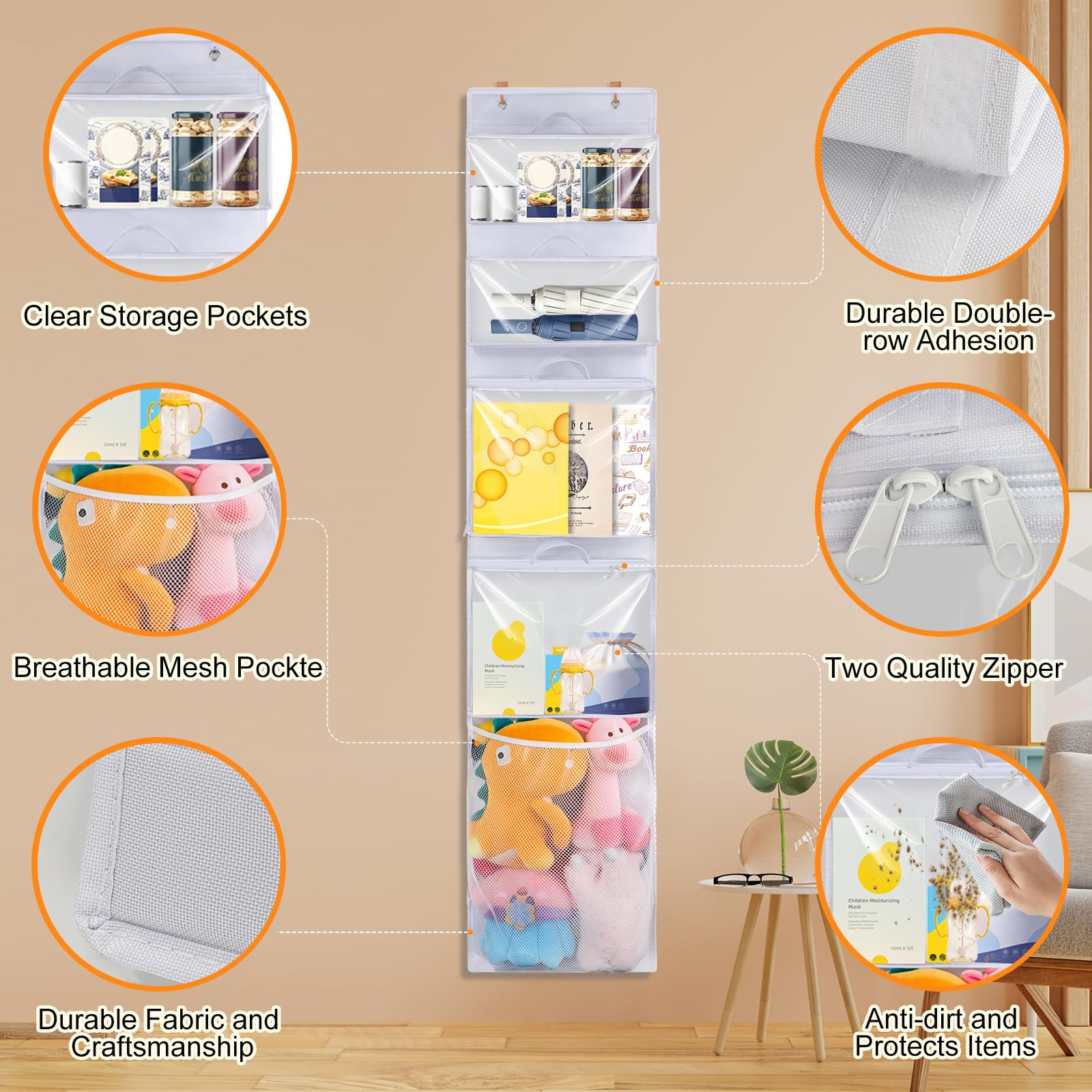 Woodoulogy Appesi il deposito dei giocattoli alla porta, Idea con 4 Case Bag rimovibili, due volte il portaoggetti con tasca di rete