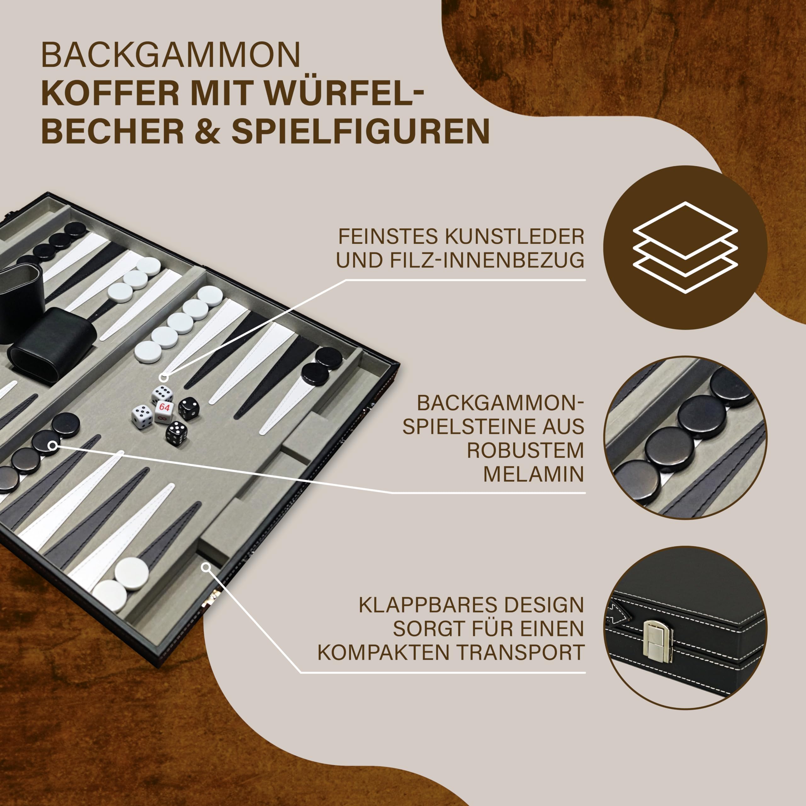 Attaché Koffer Backgammon Spiel - Edles Kunstleder Backgammon-Set mit feinem Filz Innenbezug - 48 x 38 cm groß - inkl. Würfelbechern
