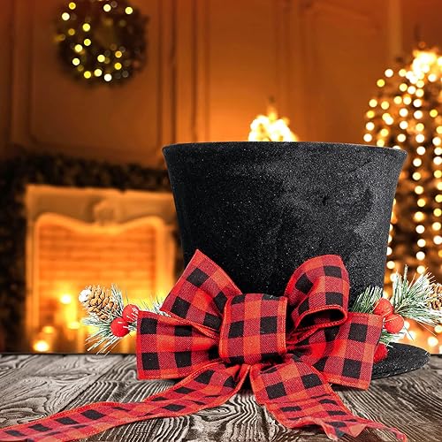 Miniatura 3 de HMASYO - Sombrero de adorno para árbol de Navidad, sombrero de terciopelo negro grande con lazo rojo a cuadros y cinta alargada, decoraciones de