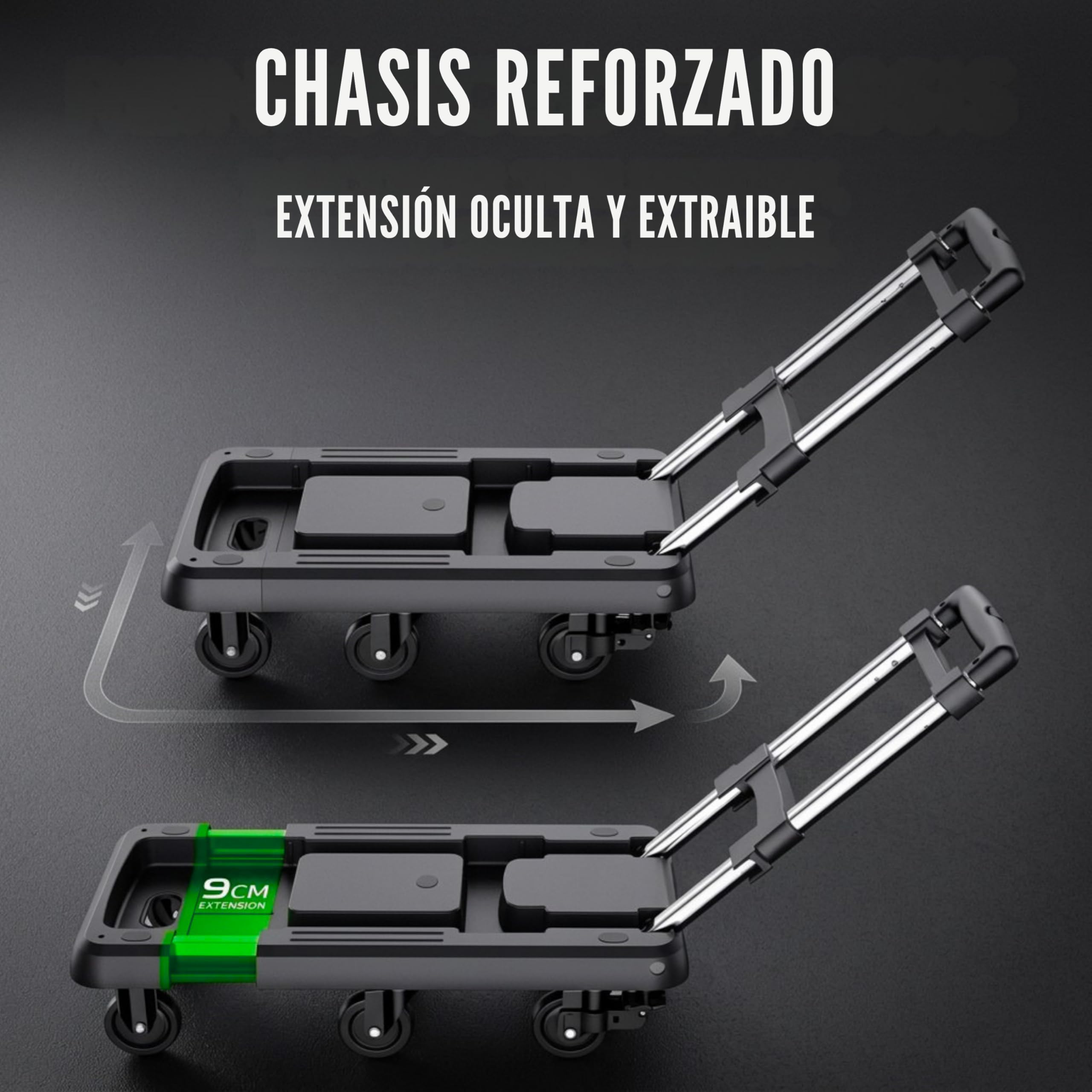 Carretilla Plegable hasta 100kg con 6 Ruedas de Goma con Freno, Carro de Transporte Plegable Extensible 60x30 cm, Mango Telescópico Ajustable, Plataforma Compacta para Mudanzas, Compras o Trabajo