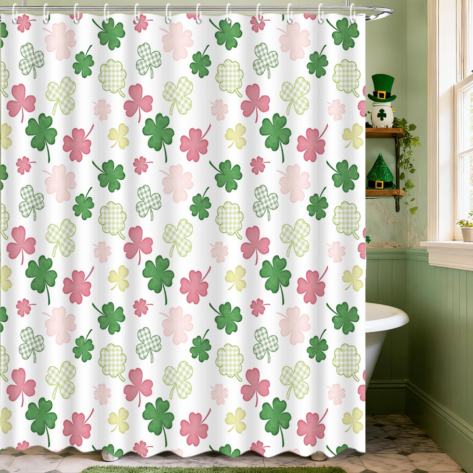 Rideau de douche trèfle vert et rose MEHOFOND en tissu 183x183 cm