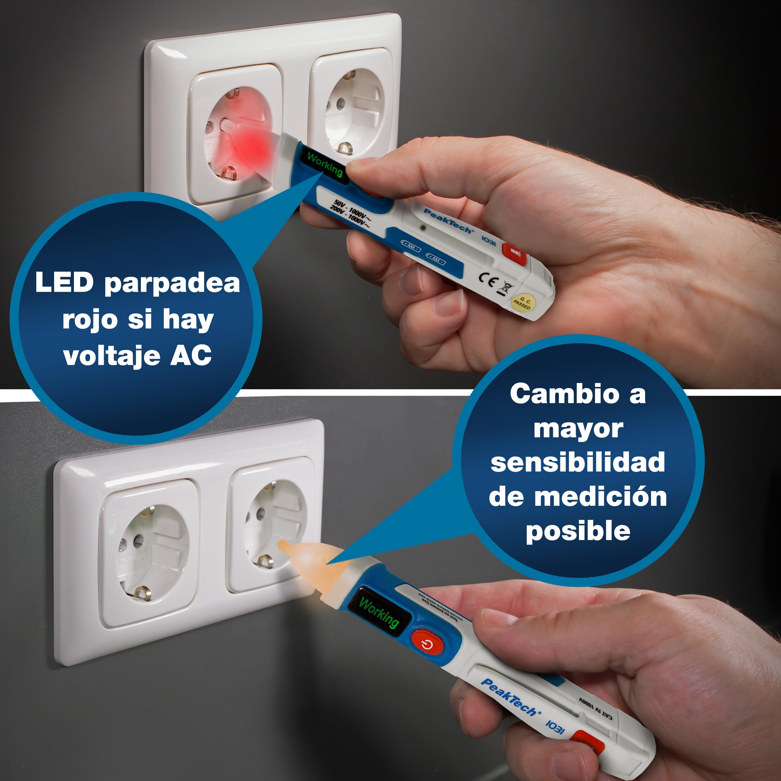 PeakTech, P 1031, Comprobador de tensión sin contacto para 50-1000 V CA, Comprobador de corriente sin contacto con lámpara LED de señalización y vibración, Comprobador de enchufes