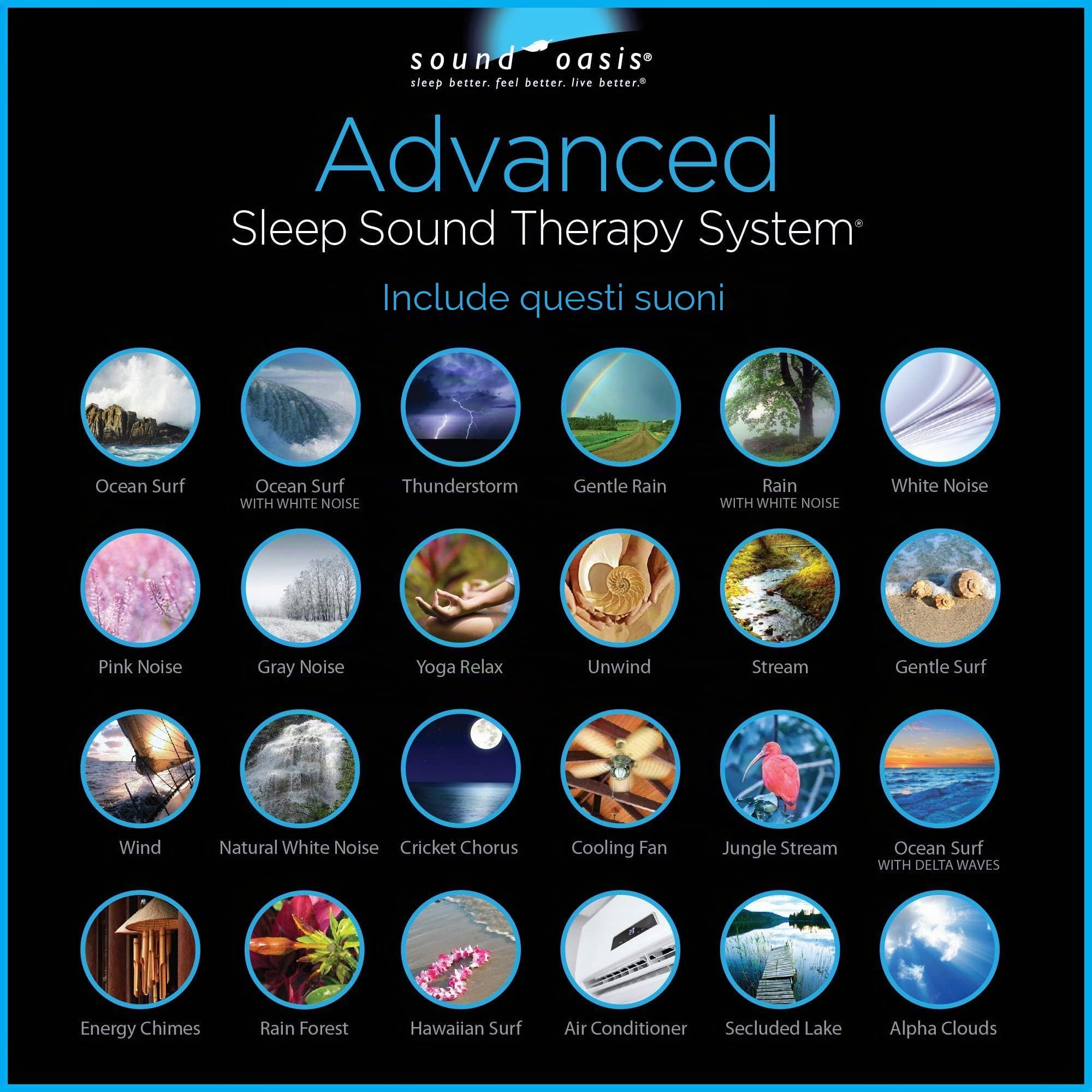 Sound Oasis 24 Dr. Advanced Sleep Sound Machine Sviluppato Non-looping Relax, Sleep, Natura, Musica Suoni - Delta, Alpha, Beta Brainwaves to Fall & Stay Addormentato, Sveglia con suoneria, Timer di