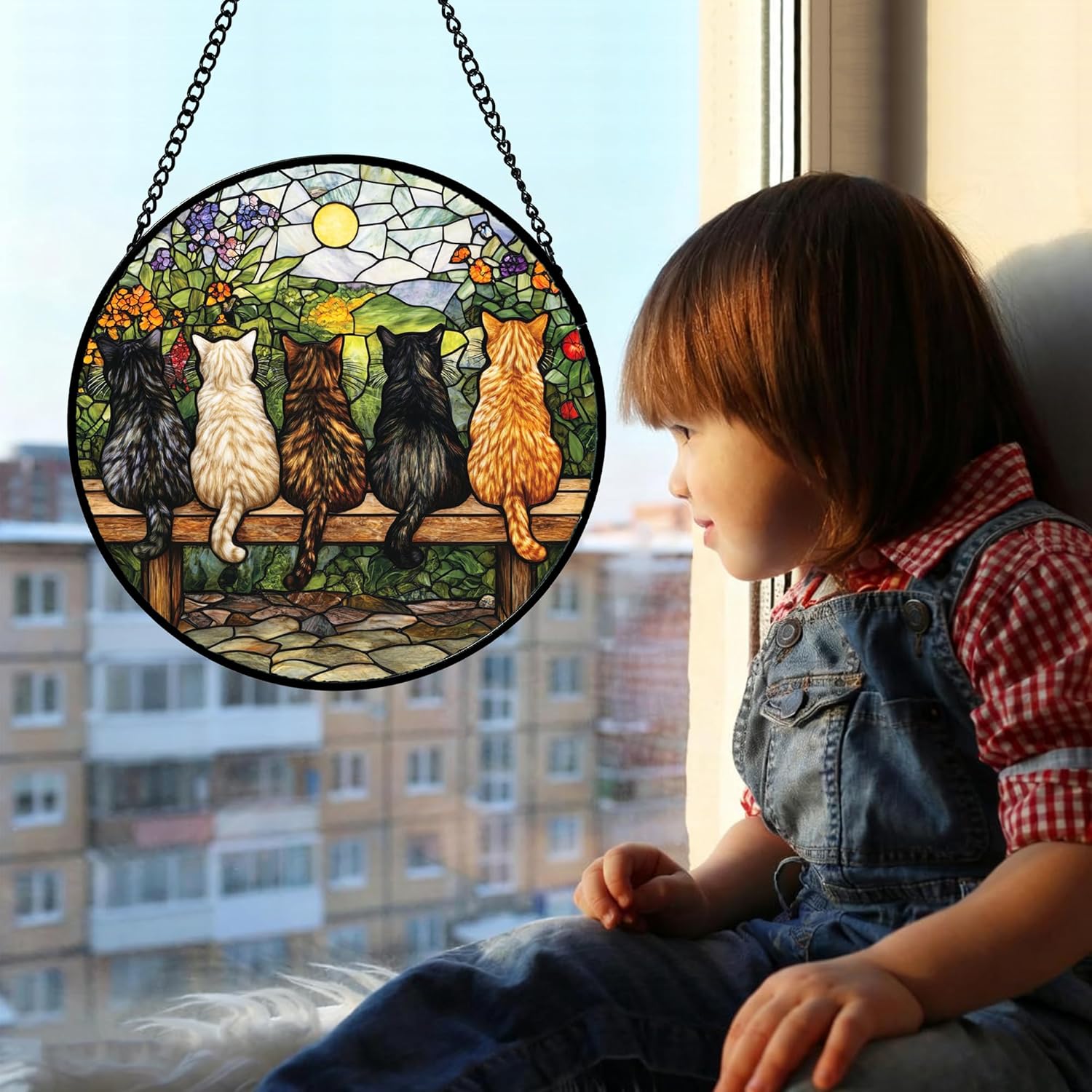 Stained Glass Window Hanging Cats on a Patio Large 11.8" - Suncatcher Door Garden Sun Catcher Home Decor Birthday Christmas for Mom Woman Grandma Friend Men Nana Cat Lovers