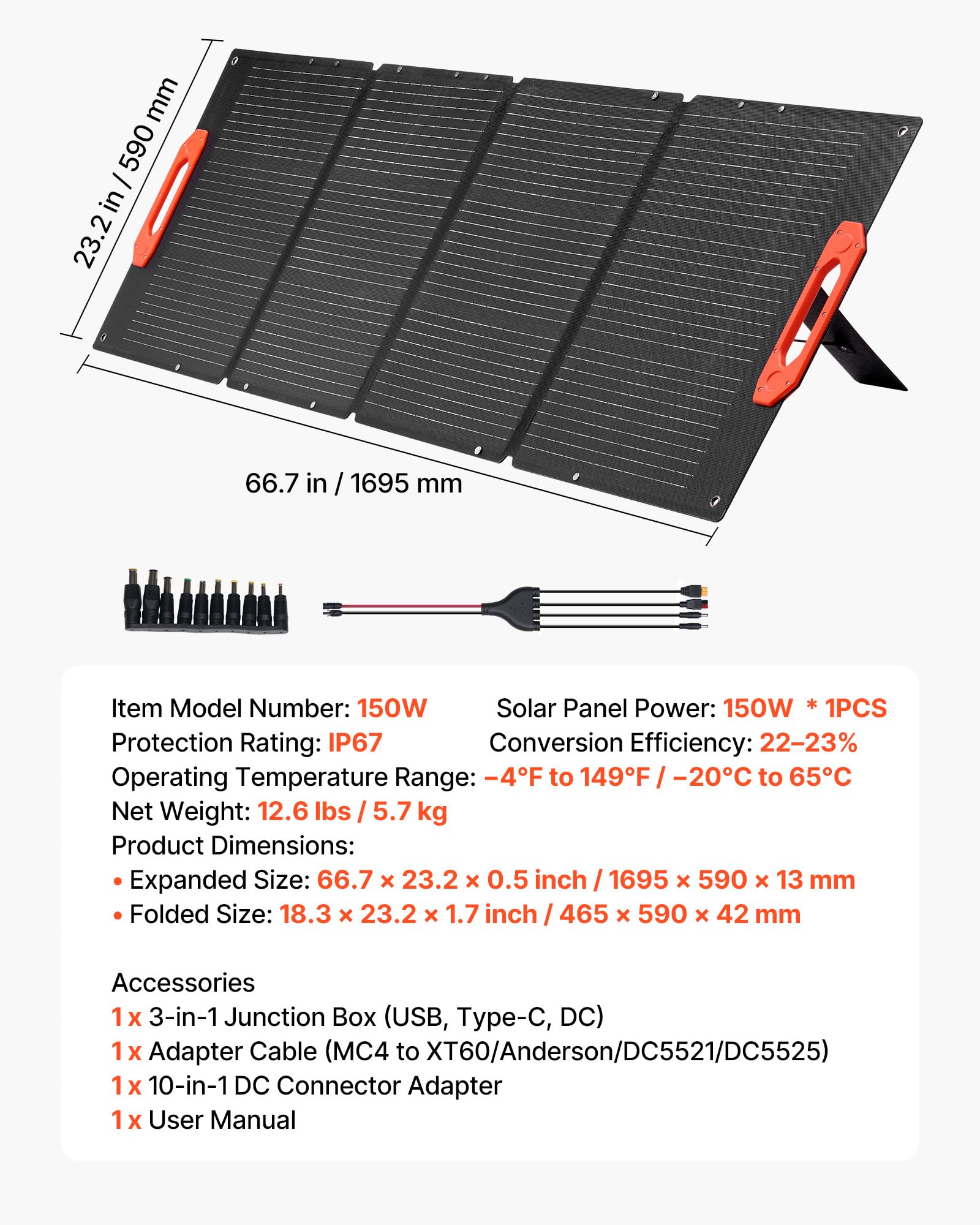 VEVOR Pannello Solare Monocristallino Pieghevole da 150 W, Pannello Solare Monocristallino ETFE Portatile con Alta Efficienza, Uscita MC4, Porte USB, IP67 Impermeabile per Centrali Elettriche