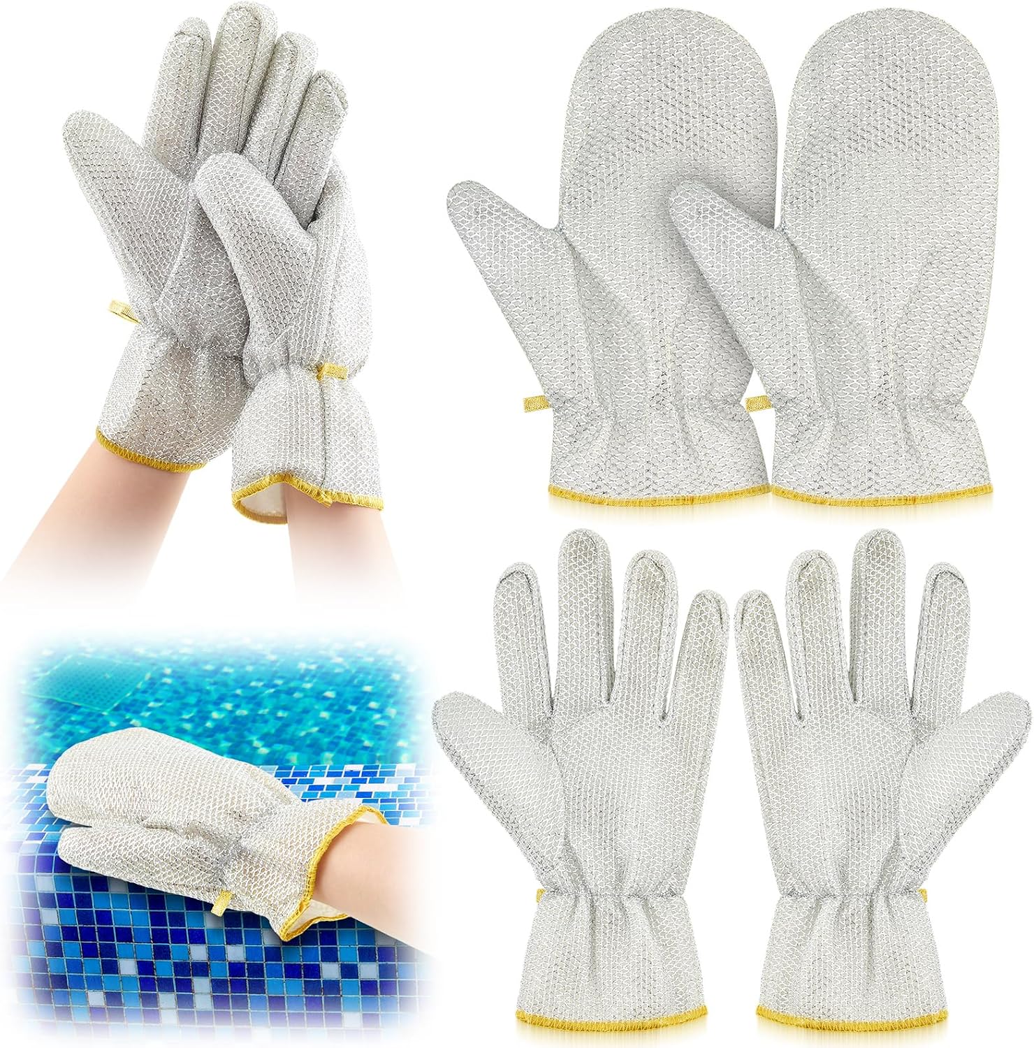 2 Pairs Pool Cleaning Mitt Spa for Swim Pool Steel Wire Waterproof Scrubbing Mitt Dishwashing Gloves for Stain and Dirt Remove, Silver