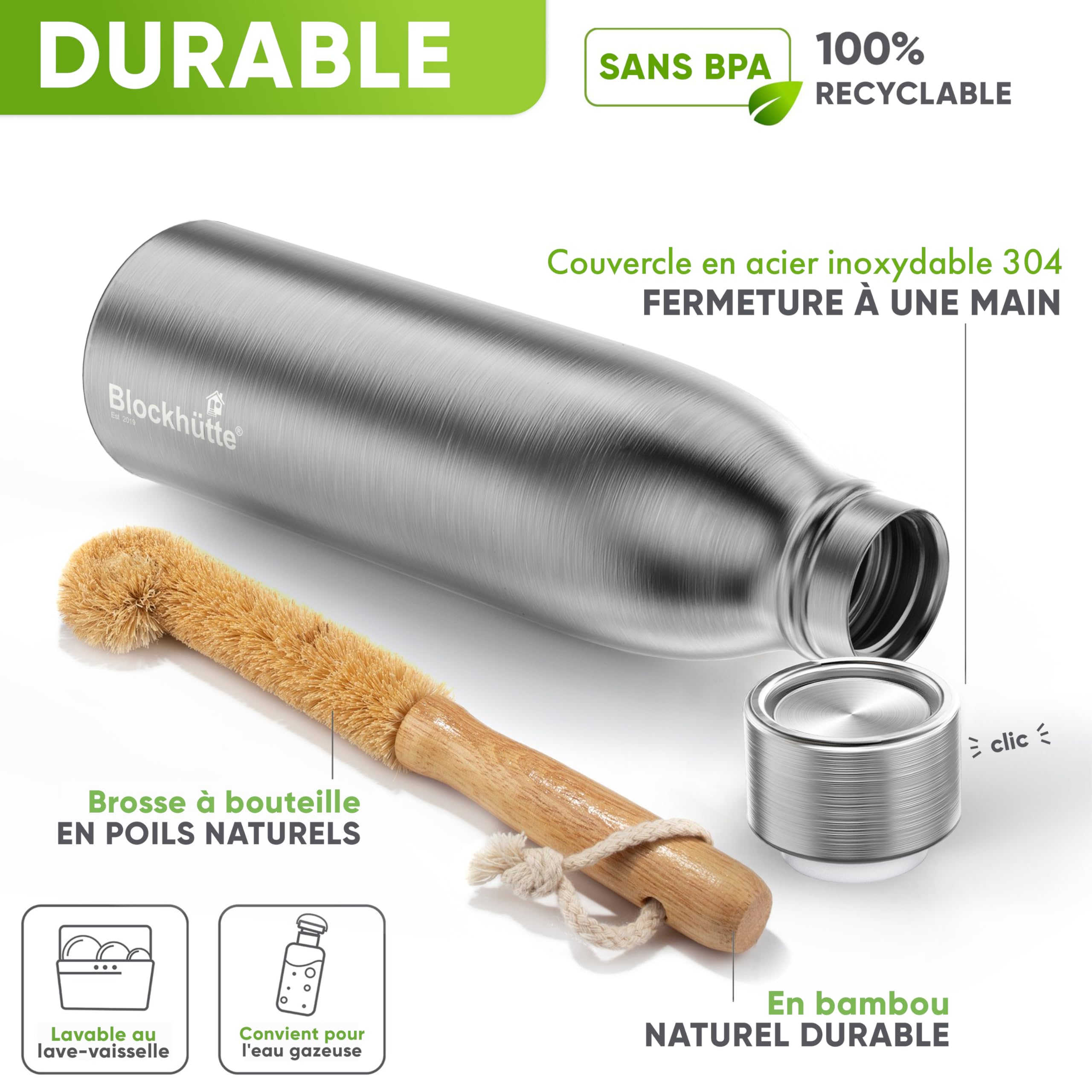 Blockhütte Gourde Personnalisable en Acier Inox I Gourde 1L I Bouteille Isotherme 1l pour le Fitness I Bouteille Sport Sans BPA et Étanche – Water Bottle pour Sport, Randonnée, Gym