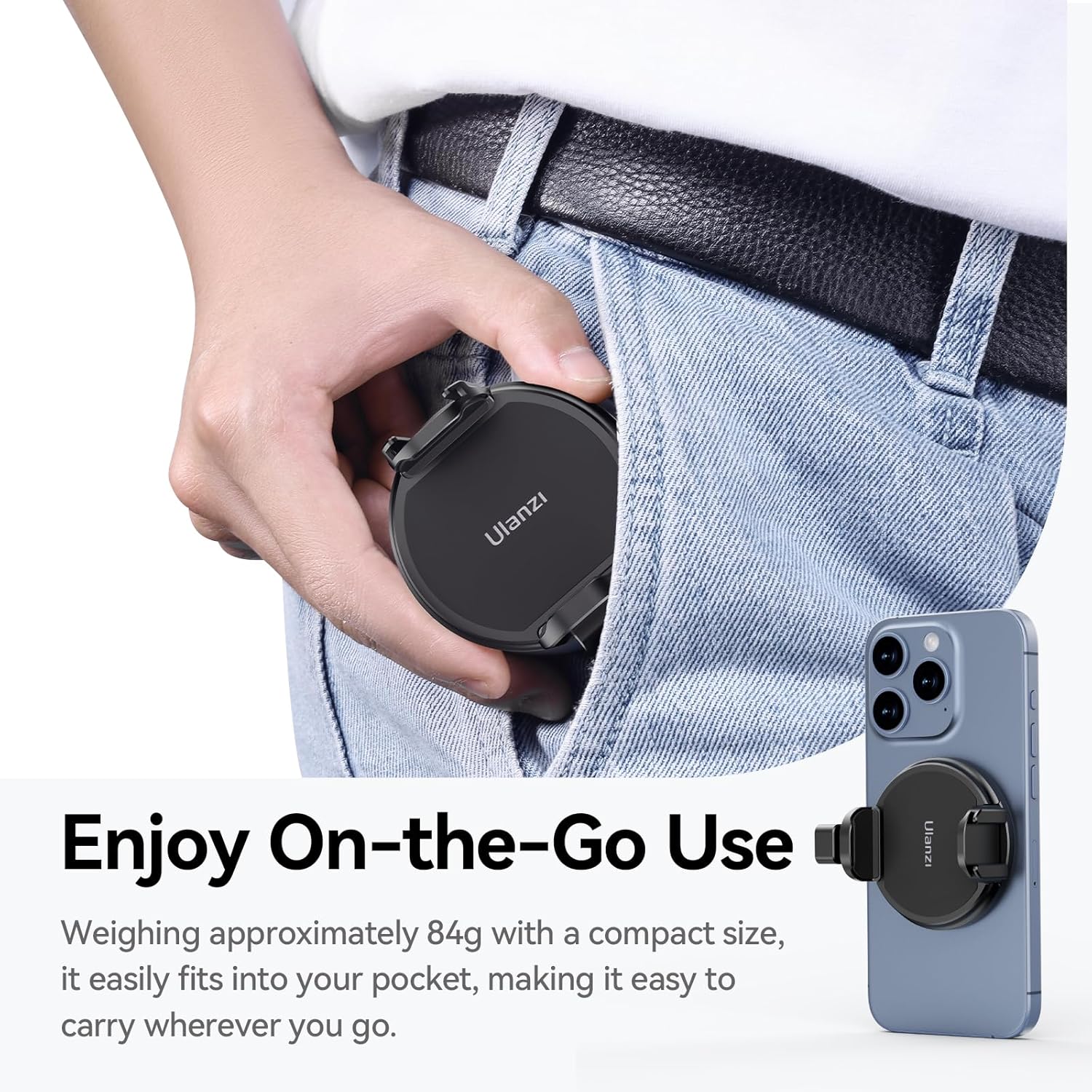 ULANZI MG10 Magnetic Phone Holder being placed into a pocket, demonstrating its compact size.