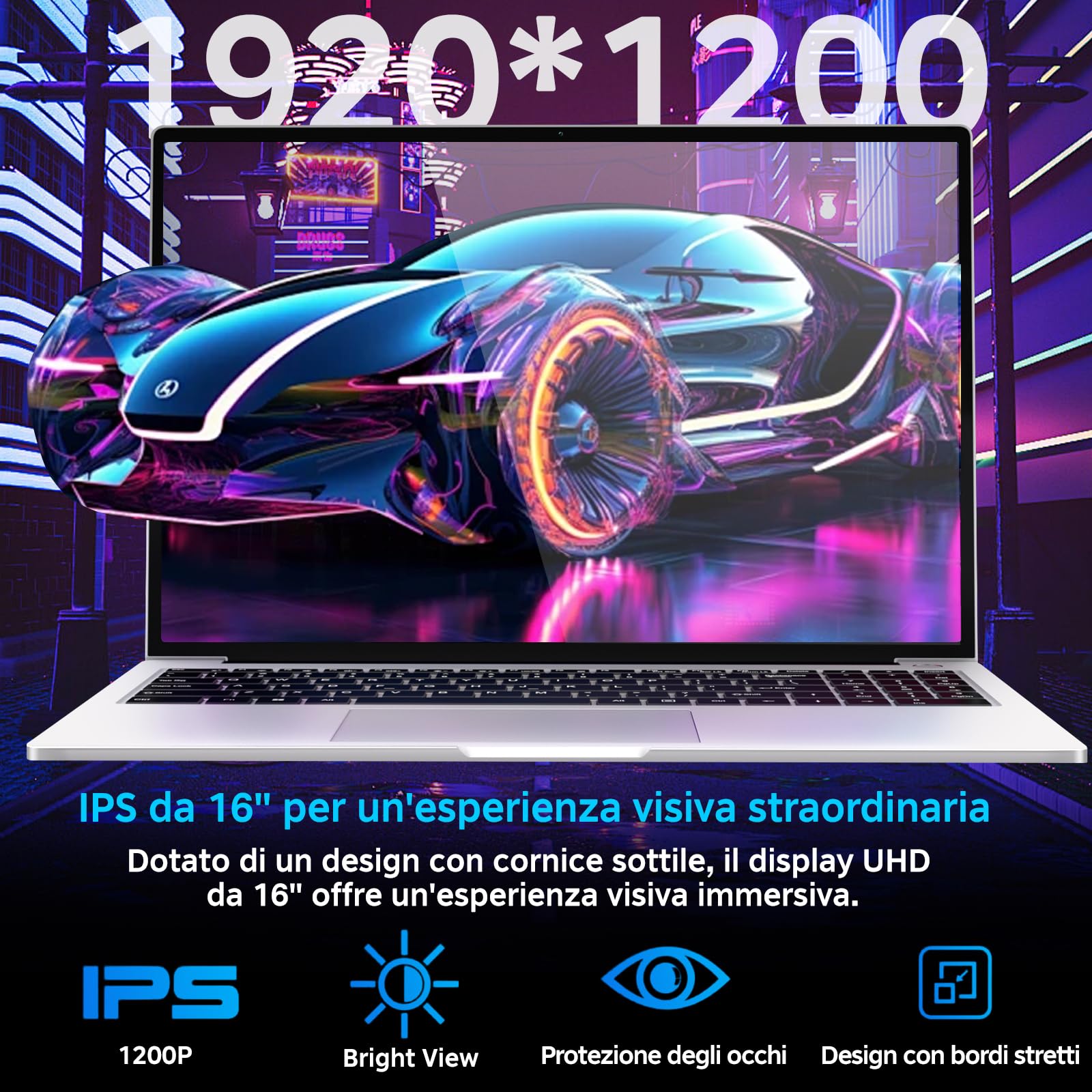bvate PC Portatile Gaming 16" Core i3 16GB RAM SSD Espandibile Argento | Schermo IPS 1920×1200 FHD+, CPU fino a 3,2GHz, 5G WiFi, Mouse e adesivi tastiera italiana inclusi