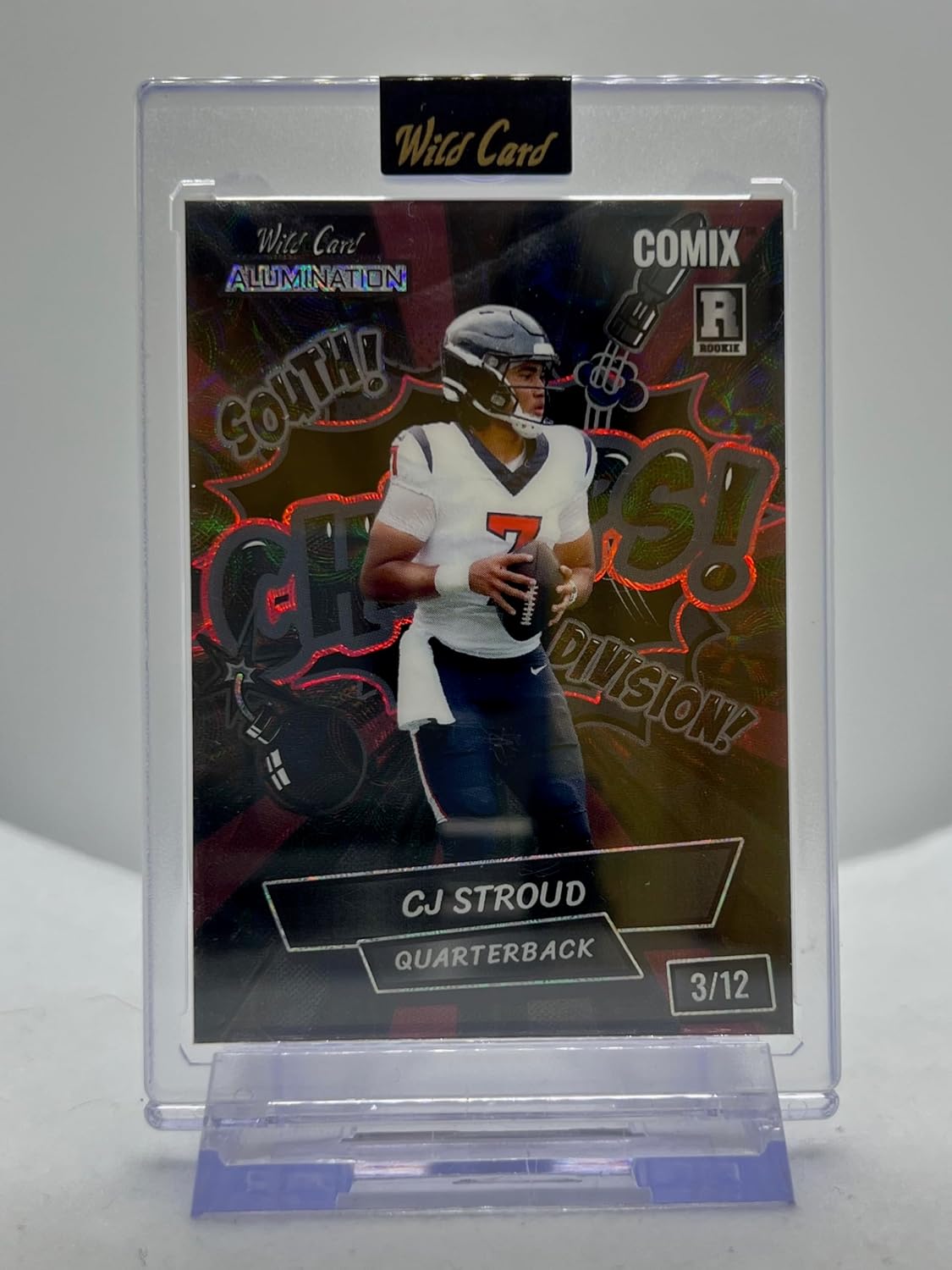 CJ Stroud Serial Numbered #4/7 Champs Black White Jersey Black/Red/Black-Metallic Crystal Holographic Foil Board Rookie Card Encased Playoffs Comix Collectible Football Card- 2023 Wild Card Alumination Comix Black Label CJ Stroud Edition #ACBC-CS1 (Texans)