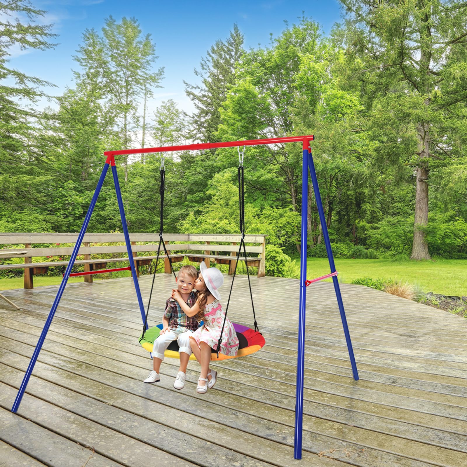 KOMFOTTEU Columpio Doble Con Estructura En A – Cuerdas Ajustables Y Carga 300 Kg – Ideal Para Jardín Y Patio