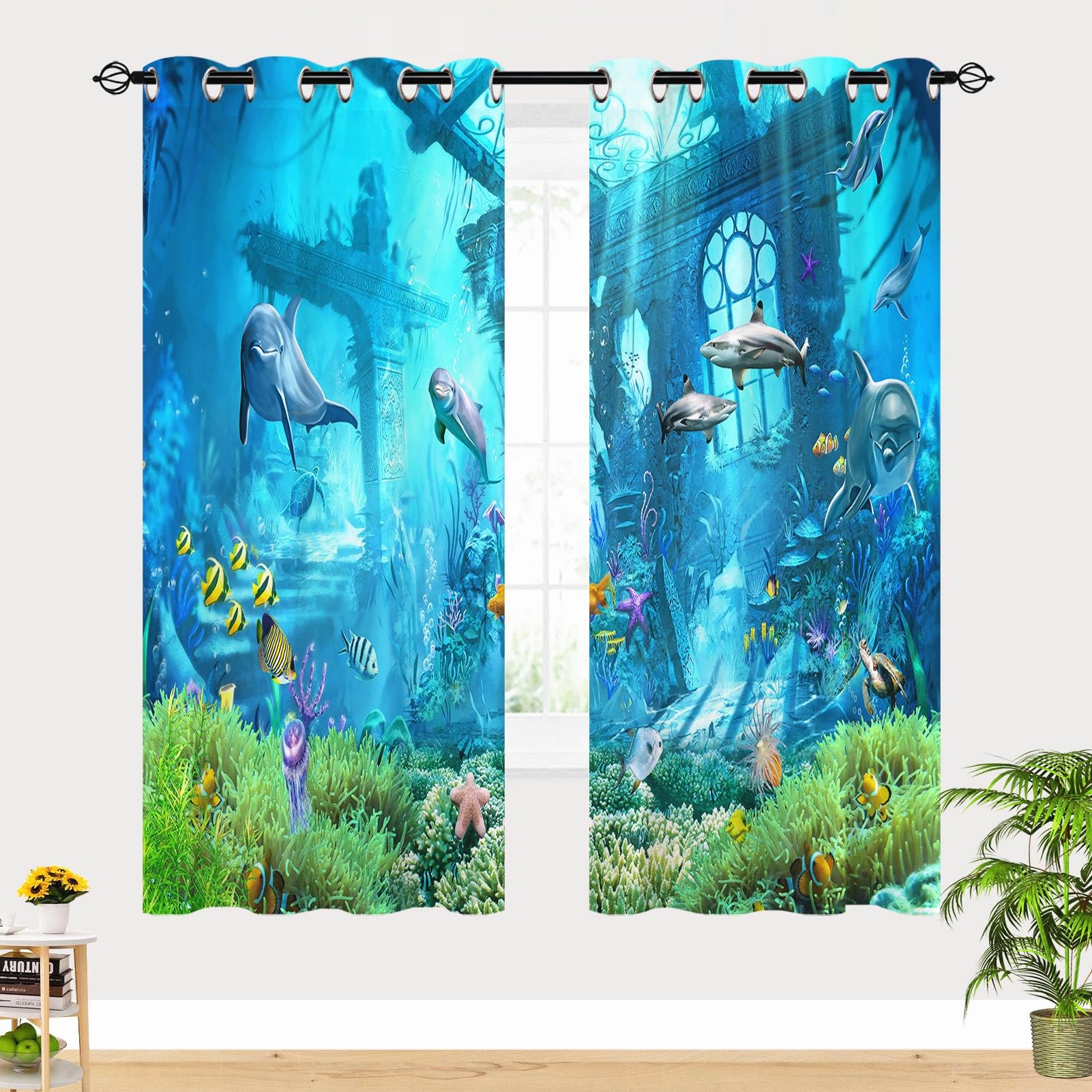 Ozean Vorhänge Unterwasser Tiere Marine Leben Delfin Ösen Gardinen mit Blickdichte Vorhang Kälteschutz Blackout Curtain Kinderzimmer Schlafzimmer Verdunkelung Fenster, 2 Stück, H 213 x B 200 cm
