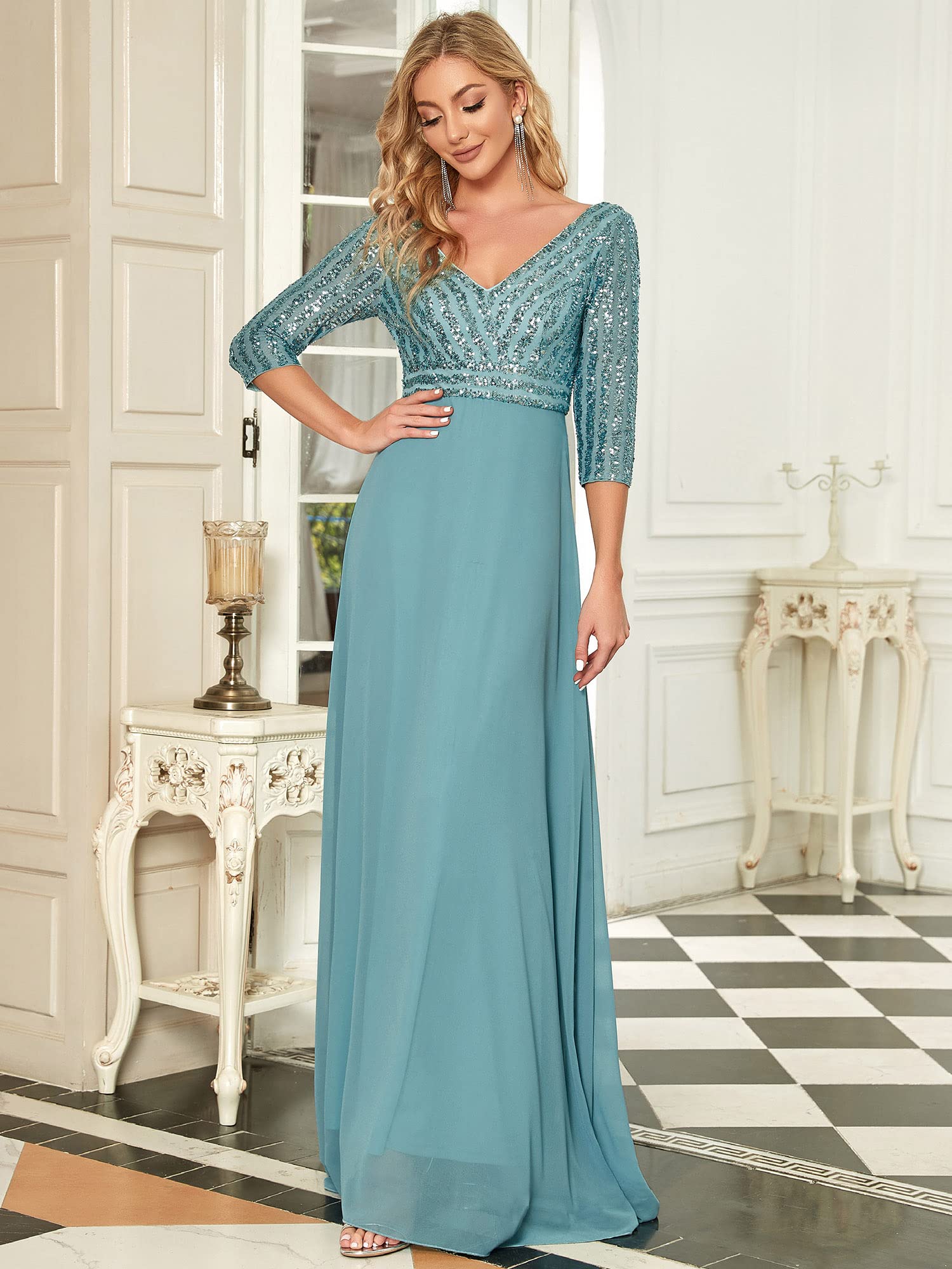 Ever-Pretty Vestido de Fiesta para Mujer Lentejuelas Manga Larga A-línea Escote en V Imperio Elegant Azul Polvoriento 42