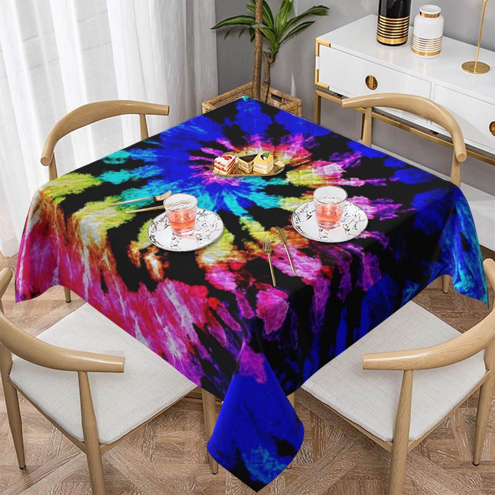 JAMCHE 152x152 Cm Wipe Clean Table Cloth Square Tie Dye Tablecloth Modern Washable Wrinkle Free Table Cover For Kitchen Dinner Picnic Outdoor Party Tabletop Decoration