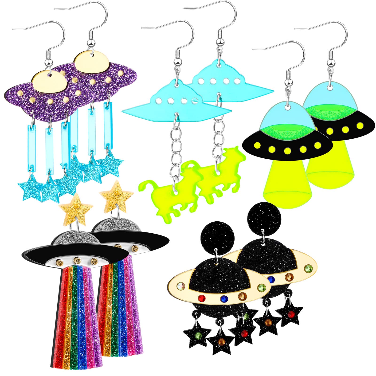 5 Pairs UFO Aliens Earrings for Women Space Earrings Alien Acrylic Planet Earrings Funky Earrings Weird Earrings Novelty Crazy Earrings Dangle Cute Fun Earrings for Halloween Jewelry