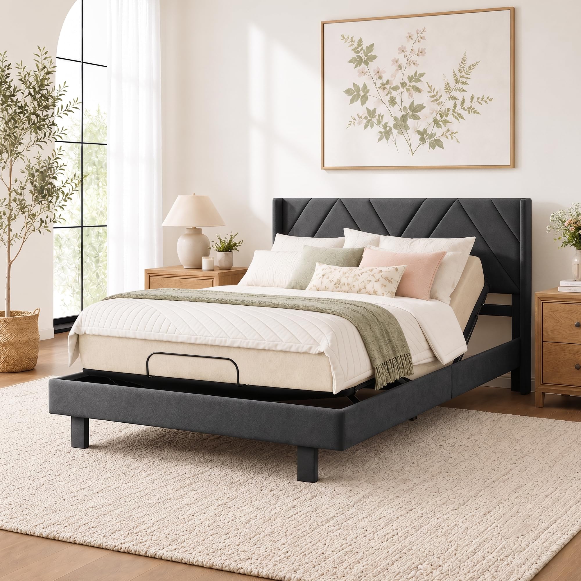 Softa Queen Adjustable Bed Frame with Hybrid Mattress 10", Upholstered Headboard, Electric Bed, Remote Control, Whisper Quiet Motor, No Box Spring Needed