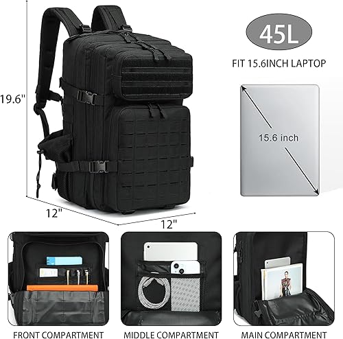 Miniatura 2 de Mochila táctica militar 45L/25L de 3 días de asalto Molle Mochila de día Mochila de senderismo para hombres y mujeres Negro-2,Verde