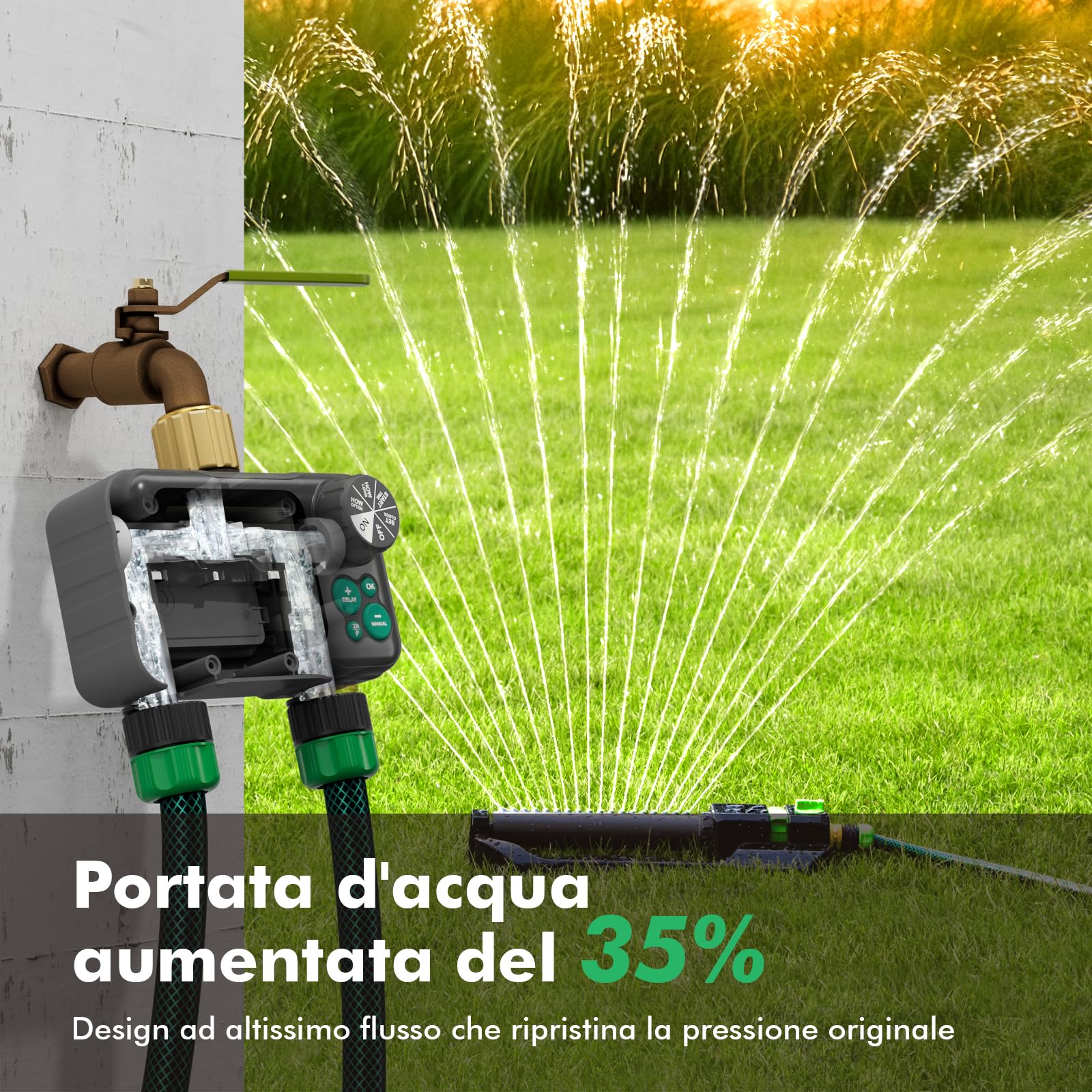 RESTMO Computer di Irrigazione a 2 Zona con Chip RF e Telecomando | Automatico/Manuale/Ritardo della Pioggia, Timer di Irrigazione, Per Tubo da Giardino, Rubinetto dell'Acqua Esterno, Prato