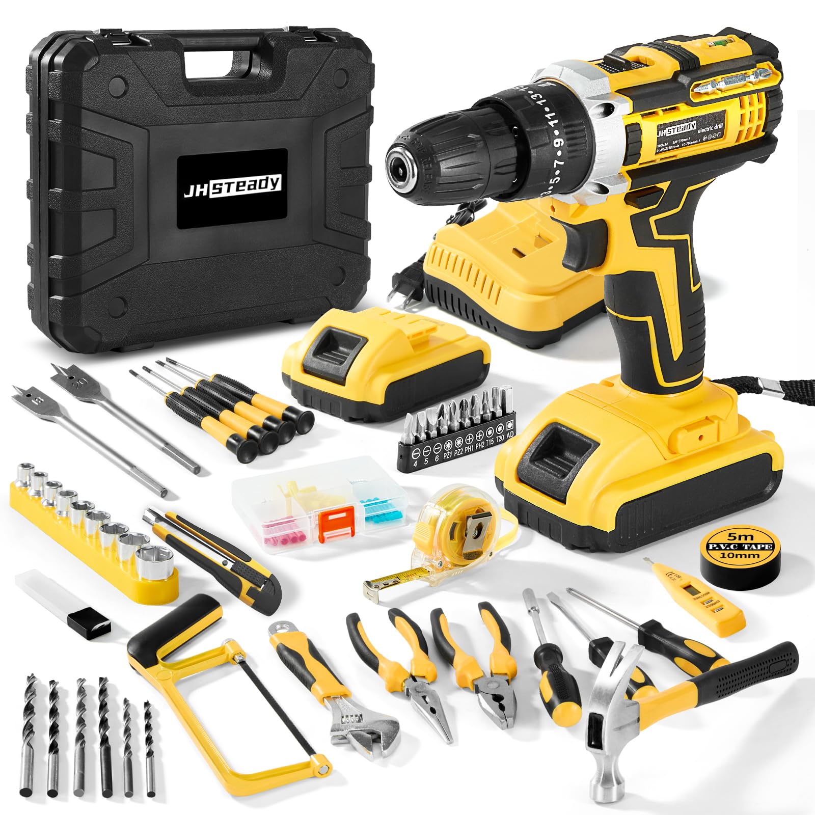 Trapano avvitatore a batteria da 48 V, coppia 25+3, motore senza spazzole, trapano elettrico da 1500 giri/min con 2 batterie, luce LED, set completo di trapano e custodia