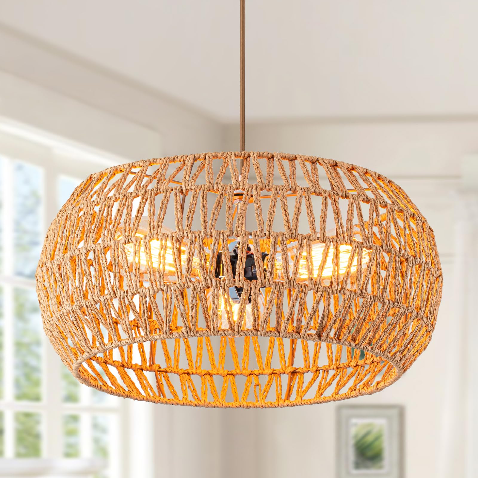 Photo 1 of Rattan Light Fixture Dinning Room Pendant Light Boho Chandelier Hanging Light Ceiling Mount Hand Woven Lamp Shade 3-light Drum Chandelier Basket Light for Bedroom Hallway Kitchen Island Light Fixture