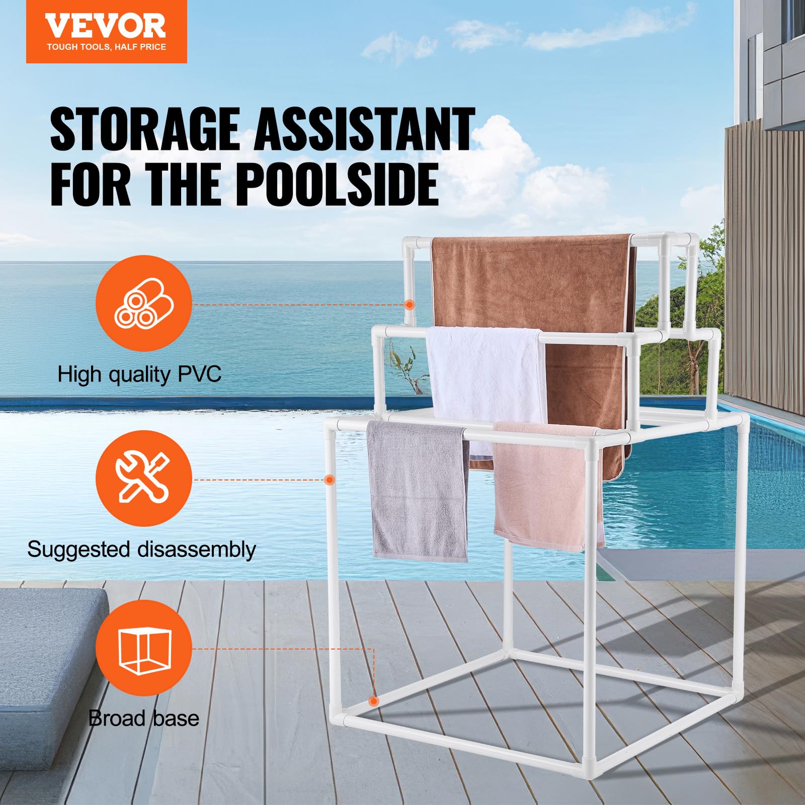 VEVOR Porte-serviettes, 8 barres, support de serviette d'extérieur en PVC, porte-serviettes sur pied de piscine, organisateur de séchage de couettes, pour bord de la piscine, salle de bain, spa, blanc