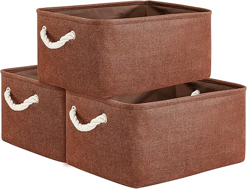 TheWarmHome Cesta decorativa rectangular de tela con asas para almacenamiento de ropa (marrón, grande, paquete de 3, 15.7 pulgadas de largo x 11.8