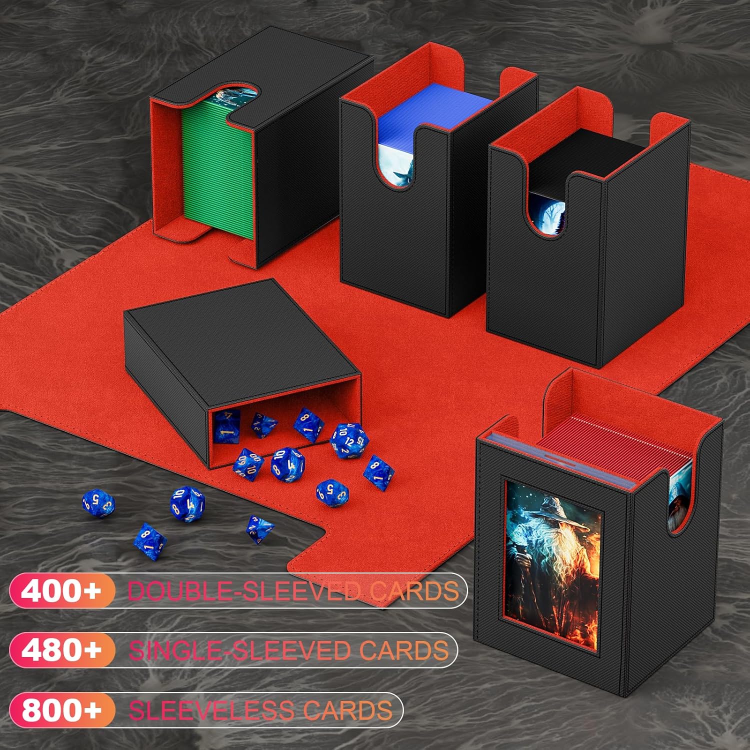 Proijeut 5 IN 1 Card Deck Box with Commander Display, Holds 800+ Cards, Includes 35pt Magnetic Card Holder and 10 Colorful Dividers(Black&Red)