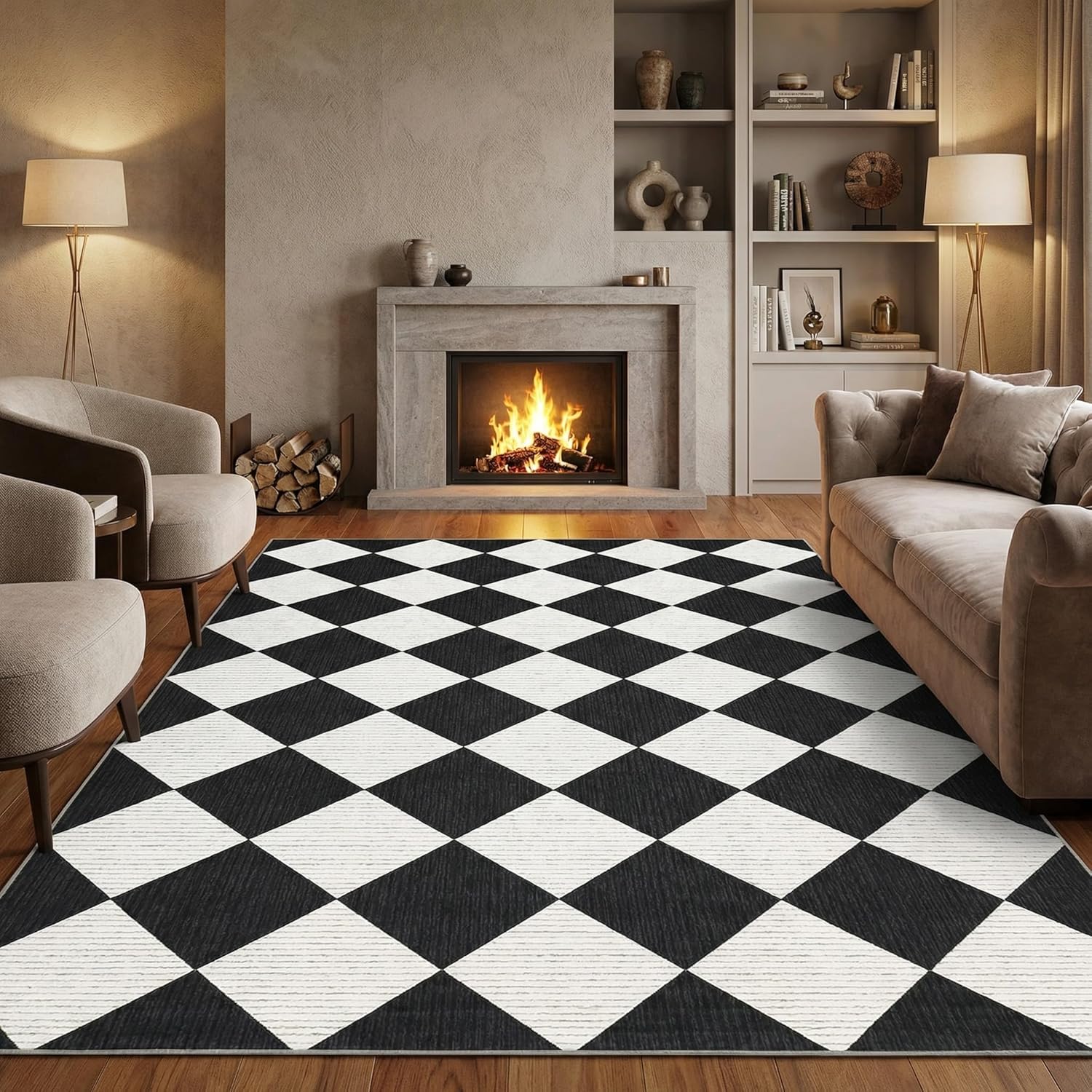 garveehome 6x9 modern checkered area rug, geometric farmhouse washable rugs for living room bedroom, soft low pile non slip diamond floor mat plaid print throw rug indoor carpet kids room classroom black/white 6' x 9' (rectangular)