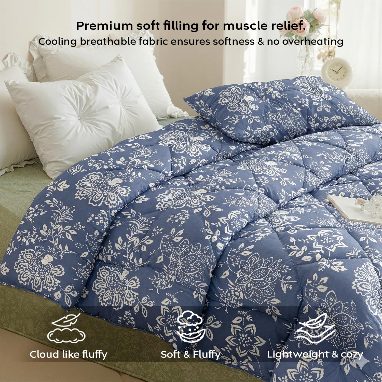 AYKA Reversible AC Comforter 150 GSM Microfiber Summer Blanket Double Bed (90x100 Inches) | Printed Floral Design Cooling Quilt for AC Room | Soft Breathable Duvet Blue & White