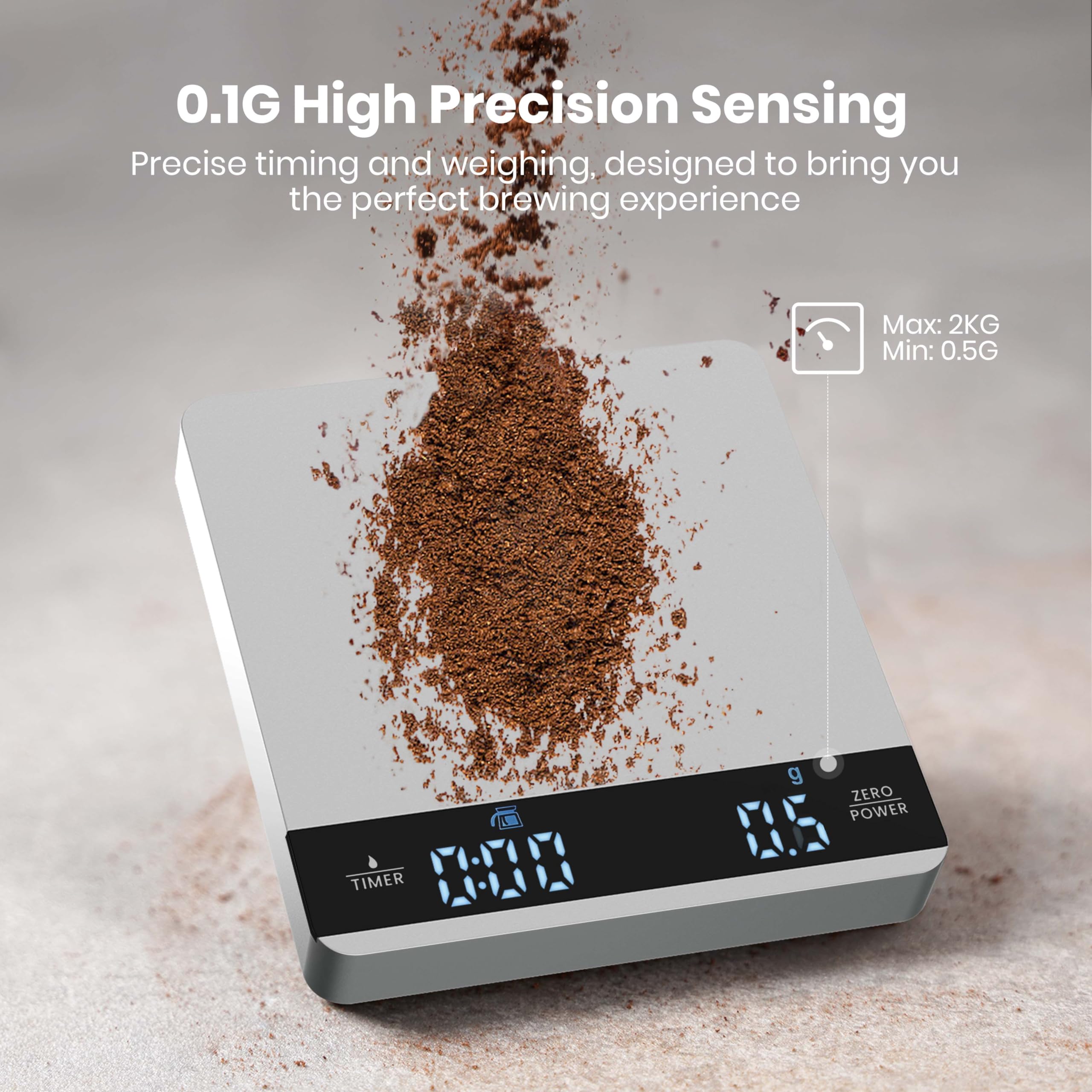 Maestri House Mini balance à café avec minuterie, rechargeable, 2 kg/0,1 g, balance de précision pour expresso et pour-over, balance de cuisine numérique portable avec chronométrage automatique