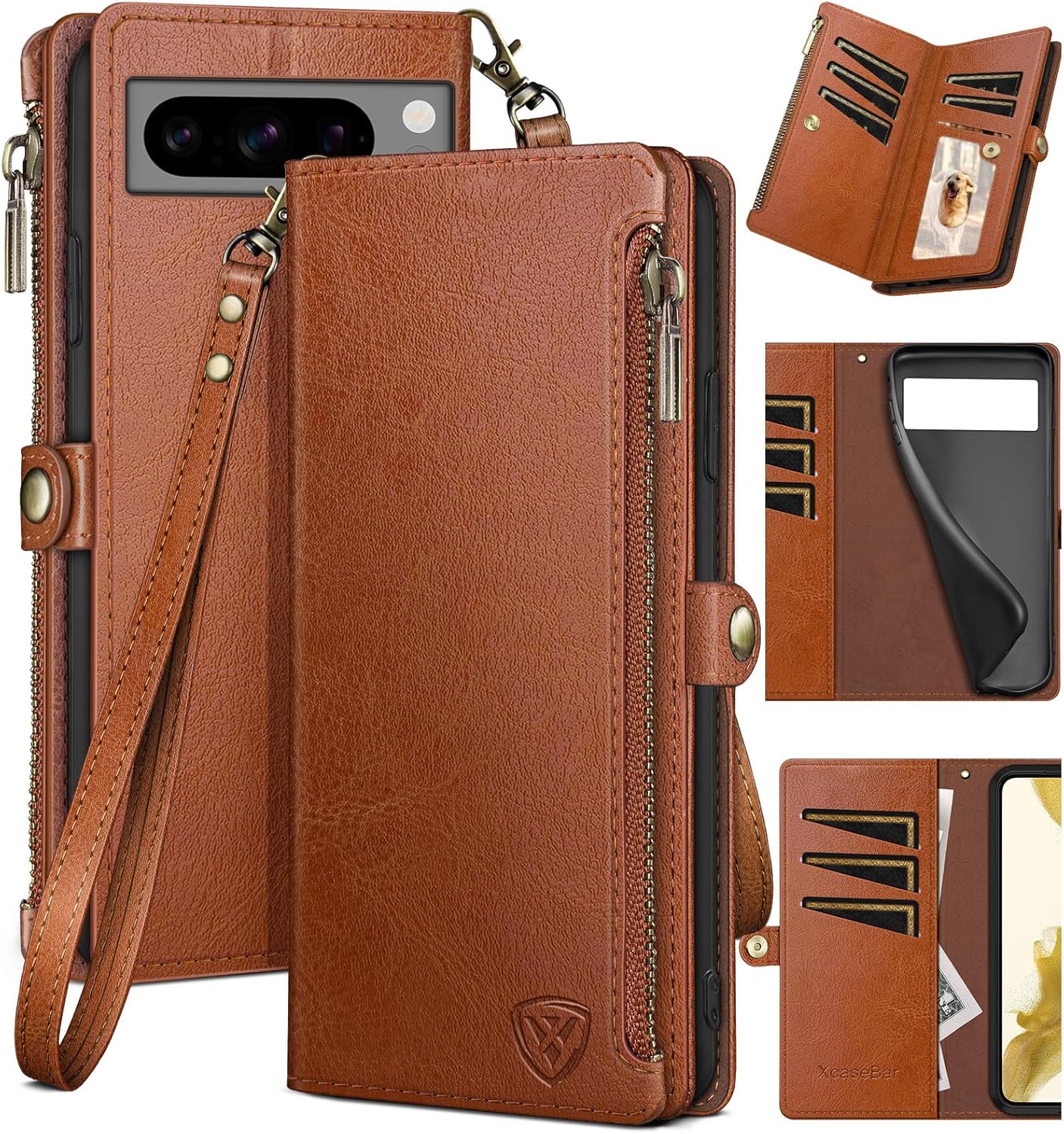 XcaseBar for Google Pixel 8 Pro Wallet case with Zipper Credit Card Holder 【RFID Blocking】, Flip Folio Book PU Leather Phone case Shockproof Cover Women Men for Pixel 8Pro case Wine Red