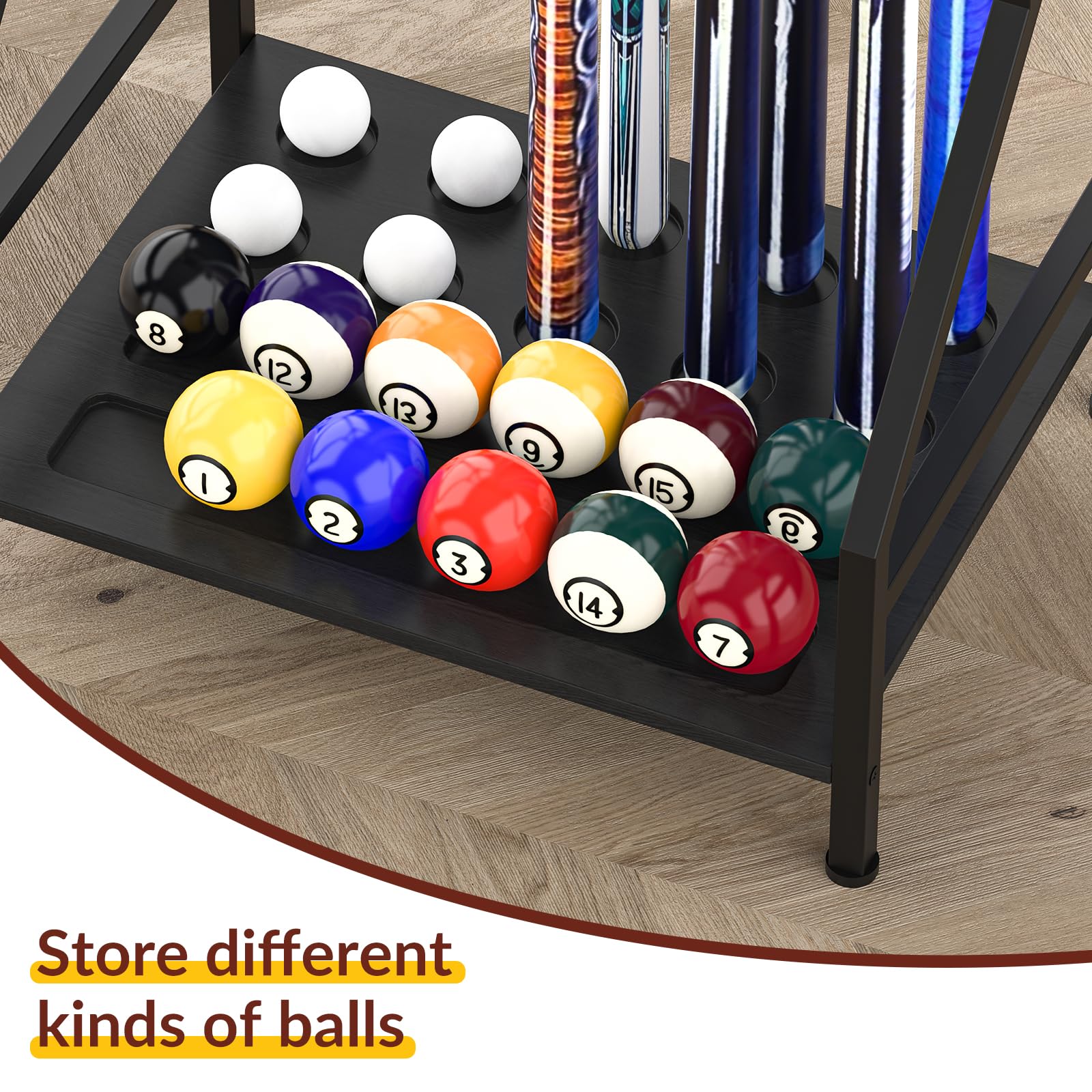 YBING Pool Stick Halter - Bambus Bodenständer Pool Queue Rack für 10 Sticks Pool Tisch Zubehör Billard Queue Stick hält Schwarz