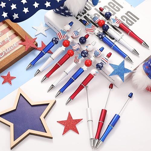 Miniatura 9 de Geyee Juego de 12 bolígrafos con cuentas para el Día de los Veteranos, con la bandera estadounidense, juego de cuentas de madera del 4 de julio,