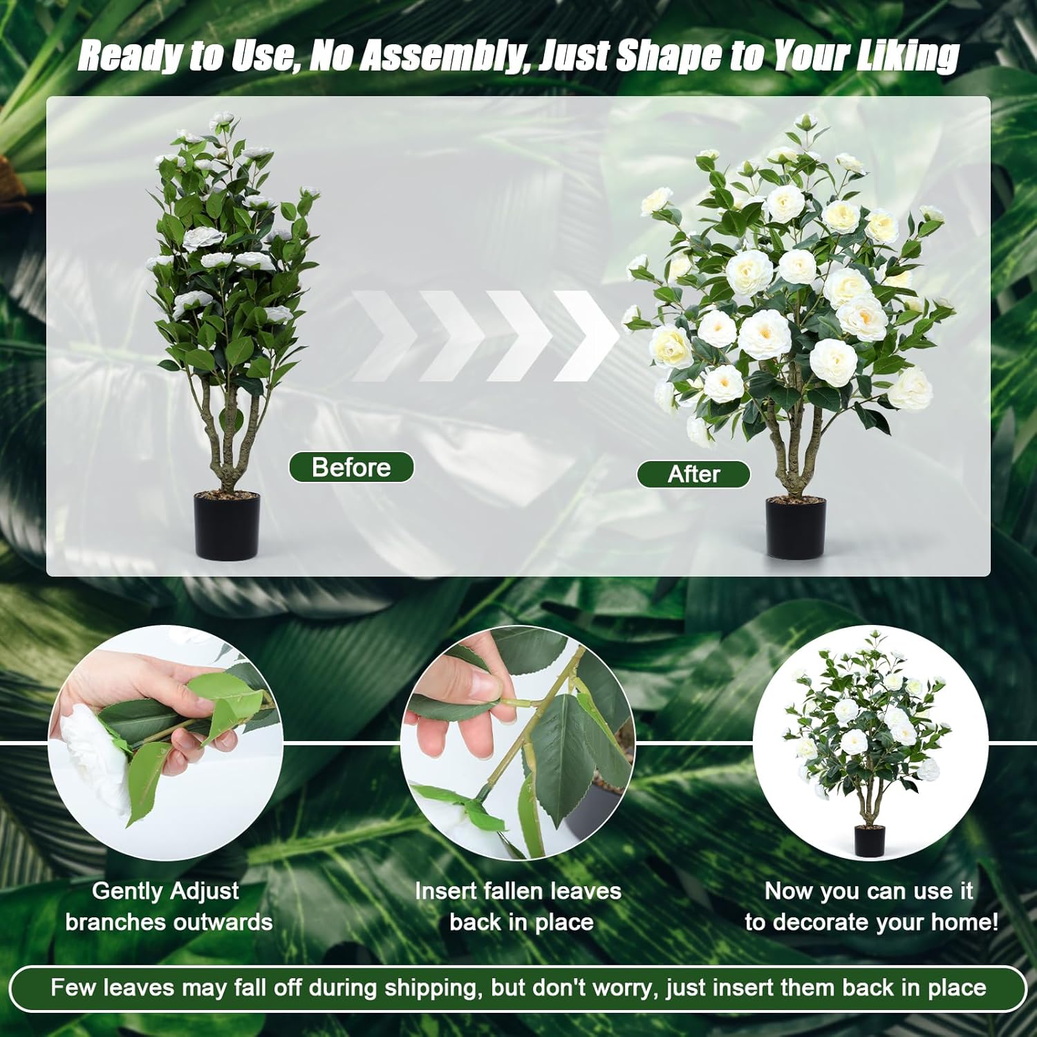 Artificial Camellia Tree 2 Pack Faux Camellia Plant in Pot with Blooming Flowers Fake Flower Tree Greenery Potted Plant for Indoor Outdoor Office Home Porch Decor White
