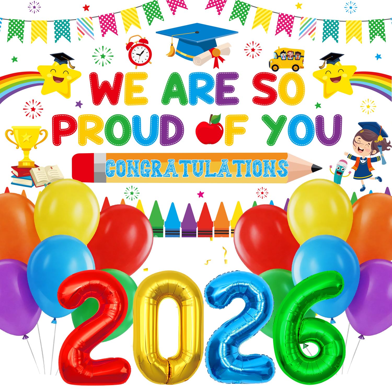 Luvart Graduation Decorations Preshchool Backdrop - Class of 2026 Preschool Graduation Decorations Congratulation Party Decor, We Are So Proud Of You Colorful Backdrop with Balloons