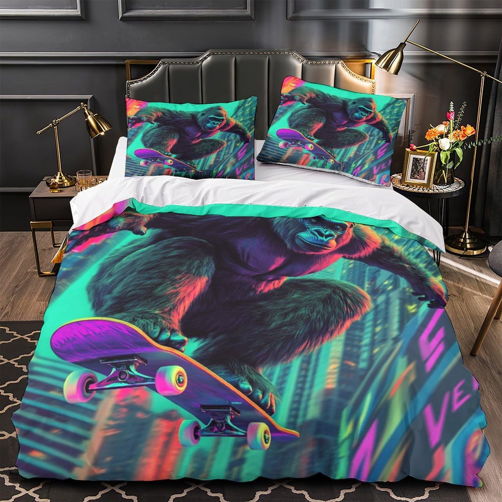 Housse de couette Gorilla Skateboarding 3D Super King 260x220cm en microfibre avec 2 taies
