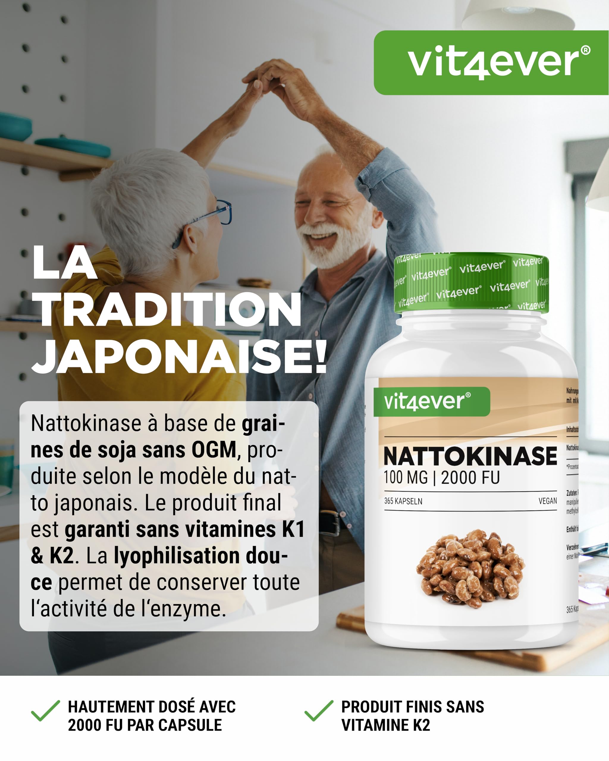 vit4ever Nattokinase - 365 Gélules de 100 mg (20.000 FU/g) - Réserve de 12 Mois - Hautement Dosée - Vegan - Sans OGM - Sans Additifs Indésirables