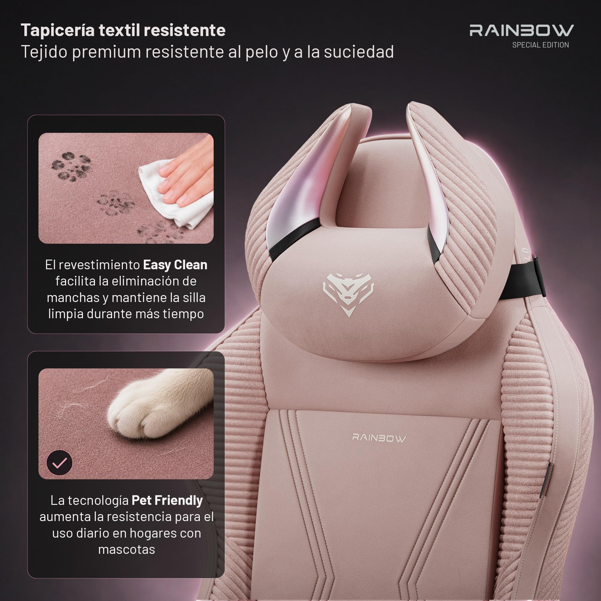 Diablo Silla Gaming Ergonomica de Tela Silla Gamer Reclinable para PC Oficina Setup Gaming con Reposabrazos 3D Soporte Lumbar Reposacabezas Profesional hasta 140 kg Rainbow Pink | Silla de juegos con almohada, función basculante, respaldo de 140°, tejido