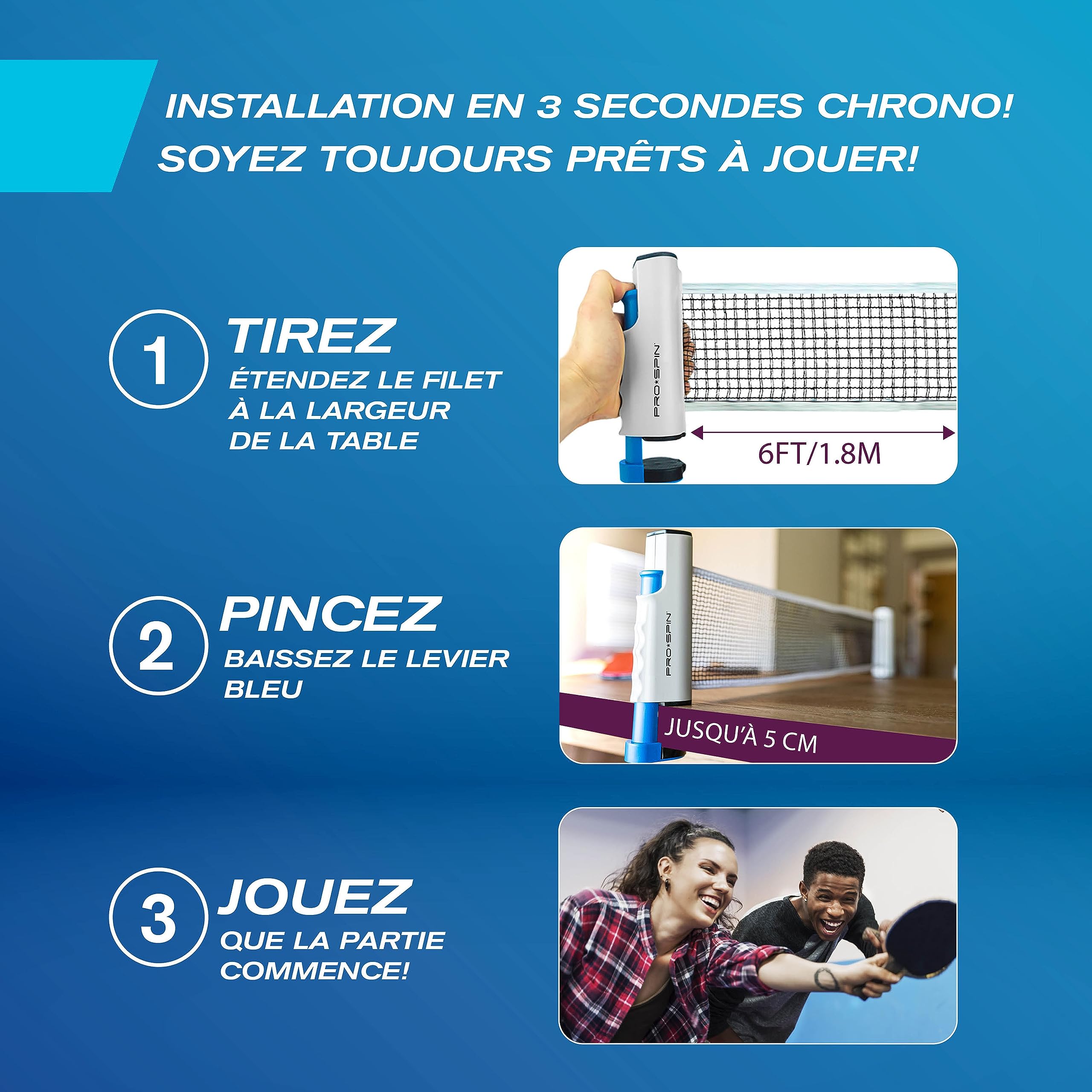 PRO-SPIN Set de Raquettes de Ping-Pong Portable | Kit de Qualité avec Filet Ping Pong pour Toute Table, Raquettes Tennis de Table Hautes Performances, Balles de 3-Étoiles - 5