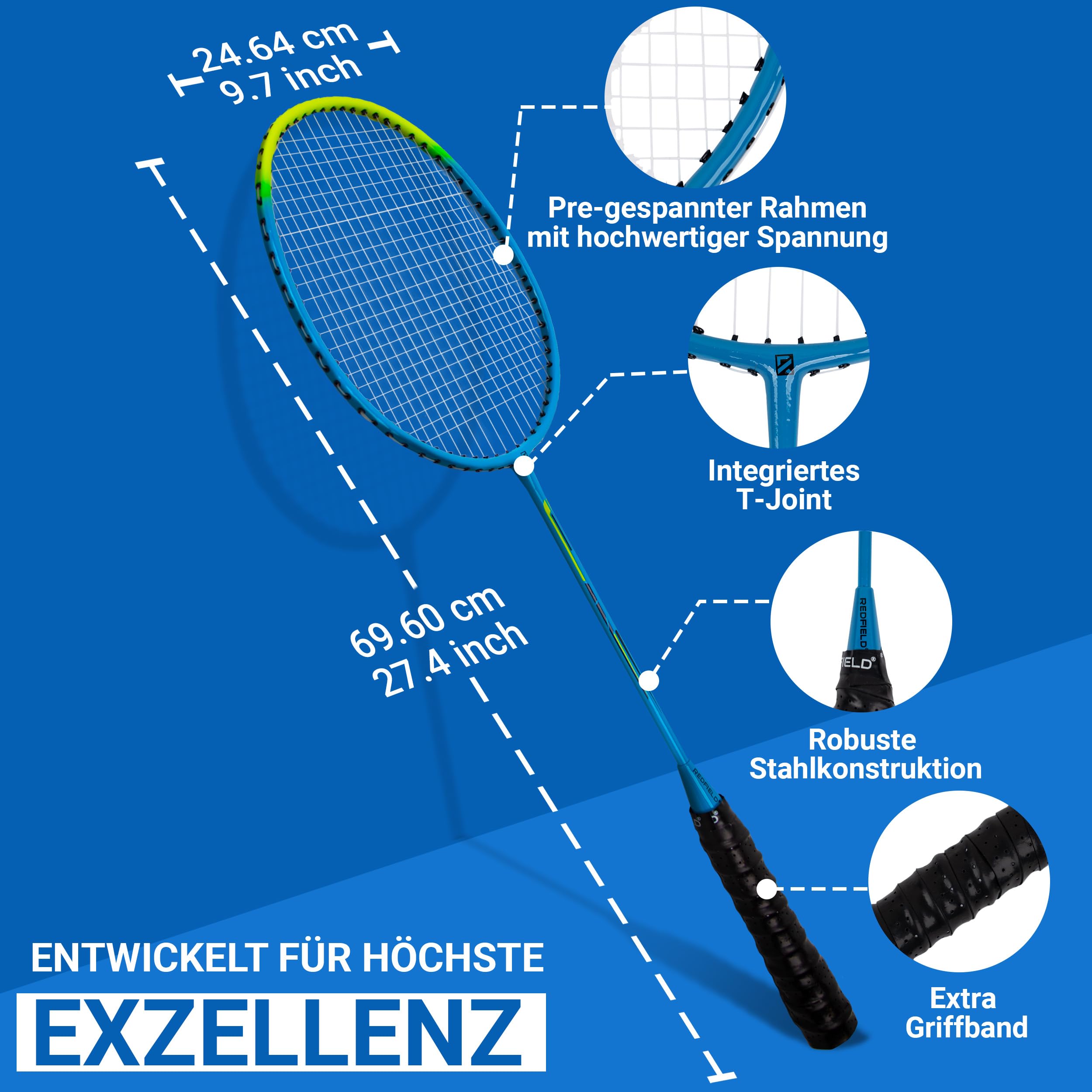 Redfield Badminton Schläger Set, enthält 2 Badmintonschläger, 2 Federbälle, Trage Tasche, 2 Griffband, Federball Set für 2 Spieler, fur Sport und Unterhaltung