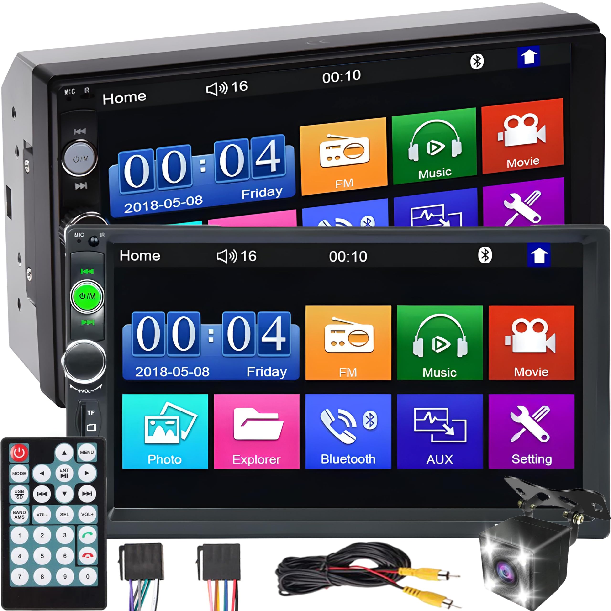 Retoo Autoradio con Bluetooth USB, display touch da 7 pollici, ricevitore multimediale 2 DIN, regolazione della luminosità, lettore multimediale con telecamera posteriore, touch screen, radio per auto