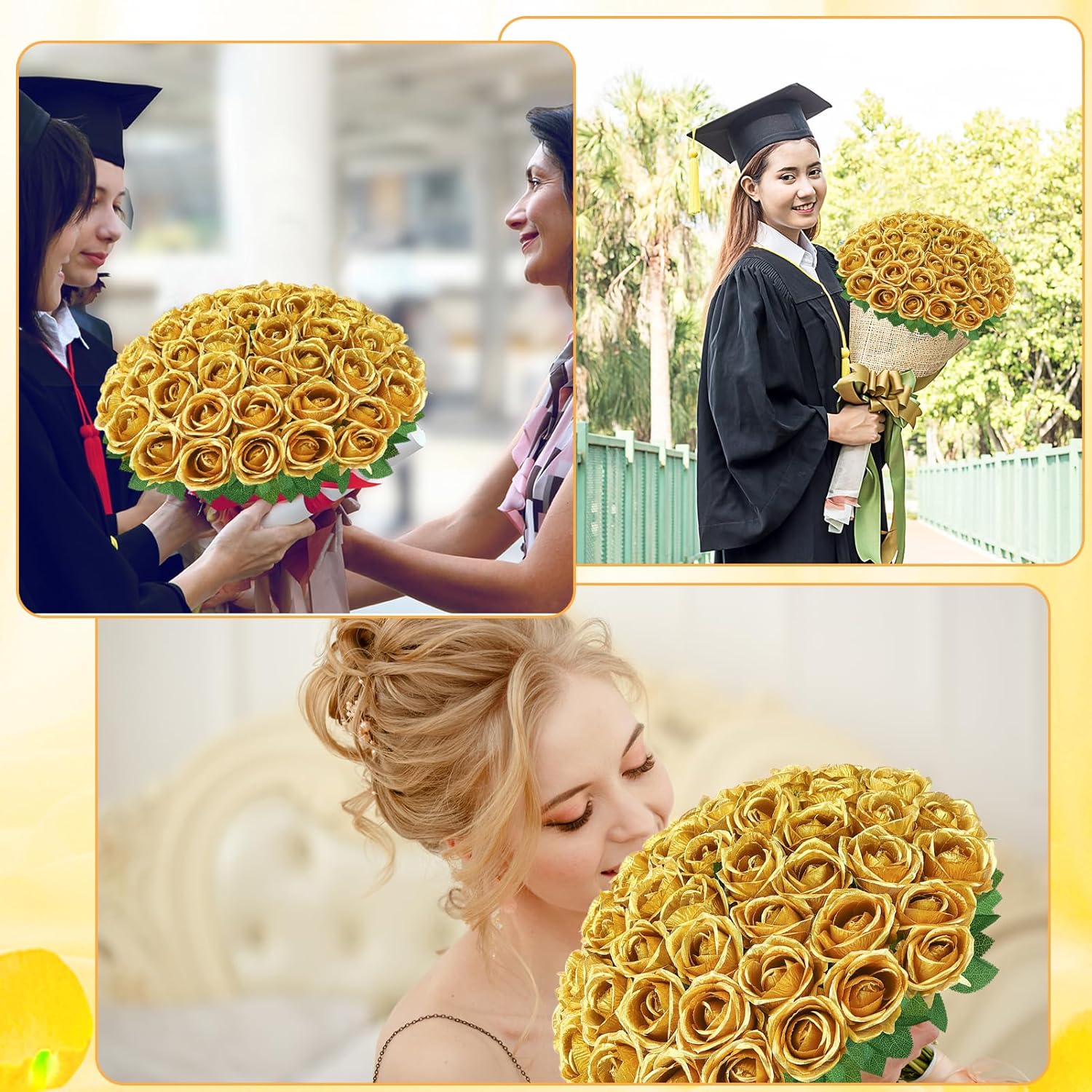 72 Pcs Artificial Roses Gold Fake Silk Roses Realistic Roses Faux Flower Indoor Wedding Home Decor, Birthday Decorations