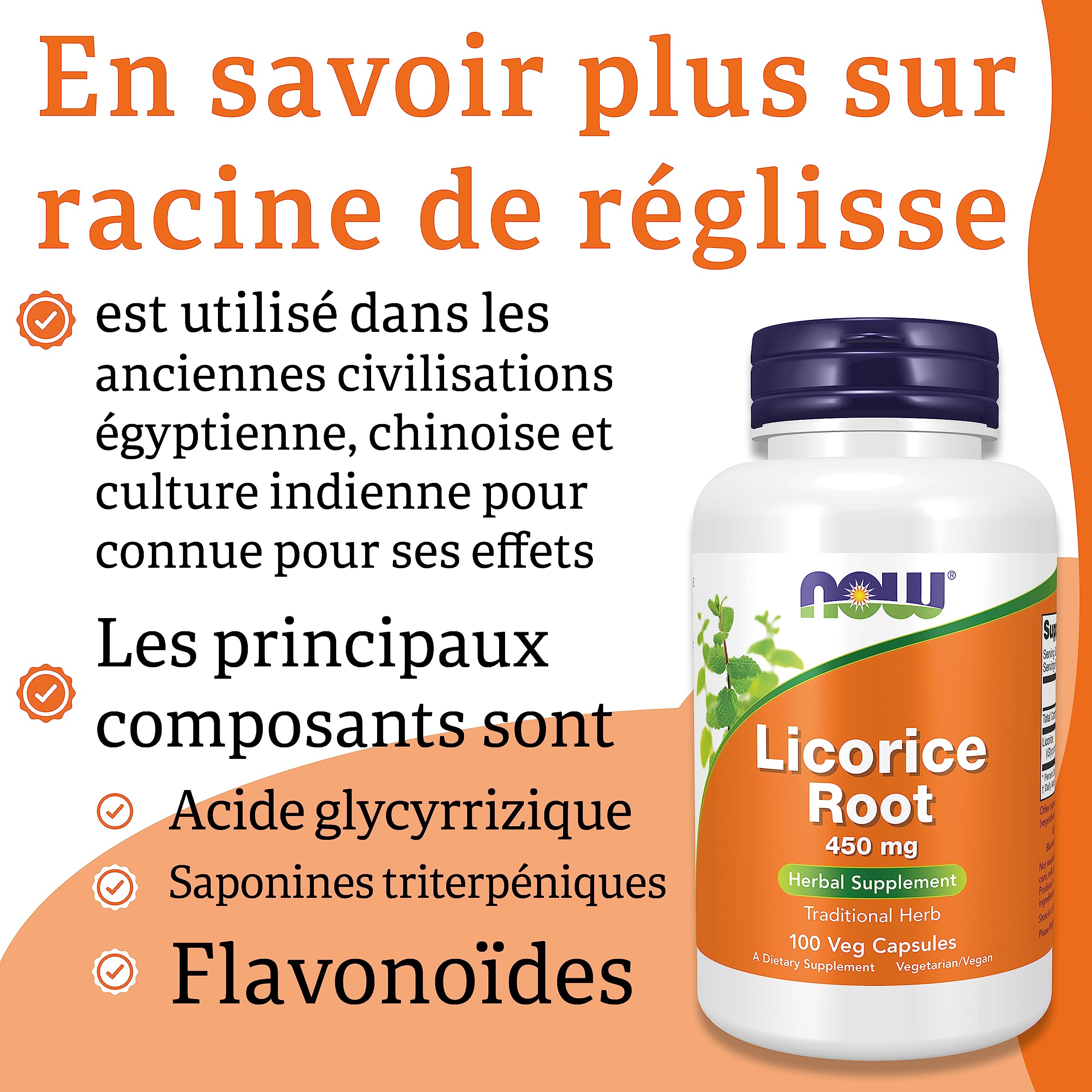 Now Foods, Licorice Root (Racine de Réglisse), 450 mg, 100 Capsules végétaliennes, Testé en Laboratoire, Sans Gluten, Sans Soja, Végétarien