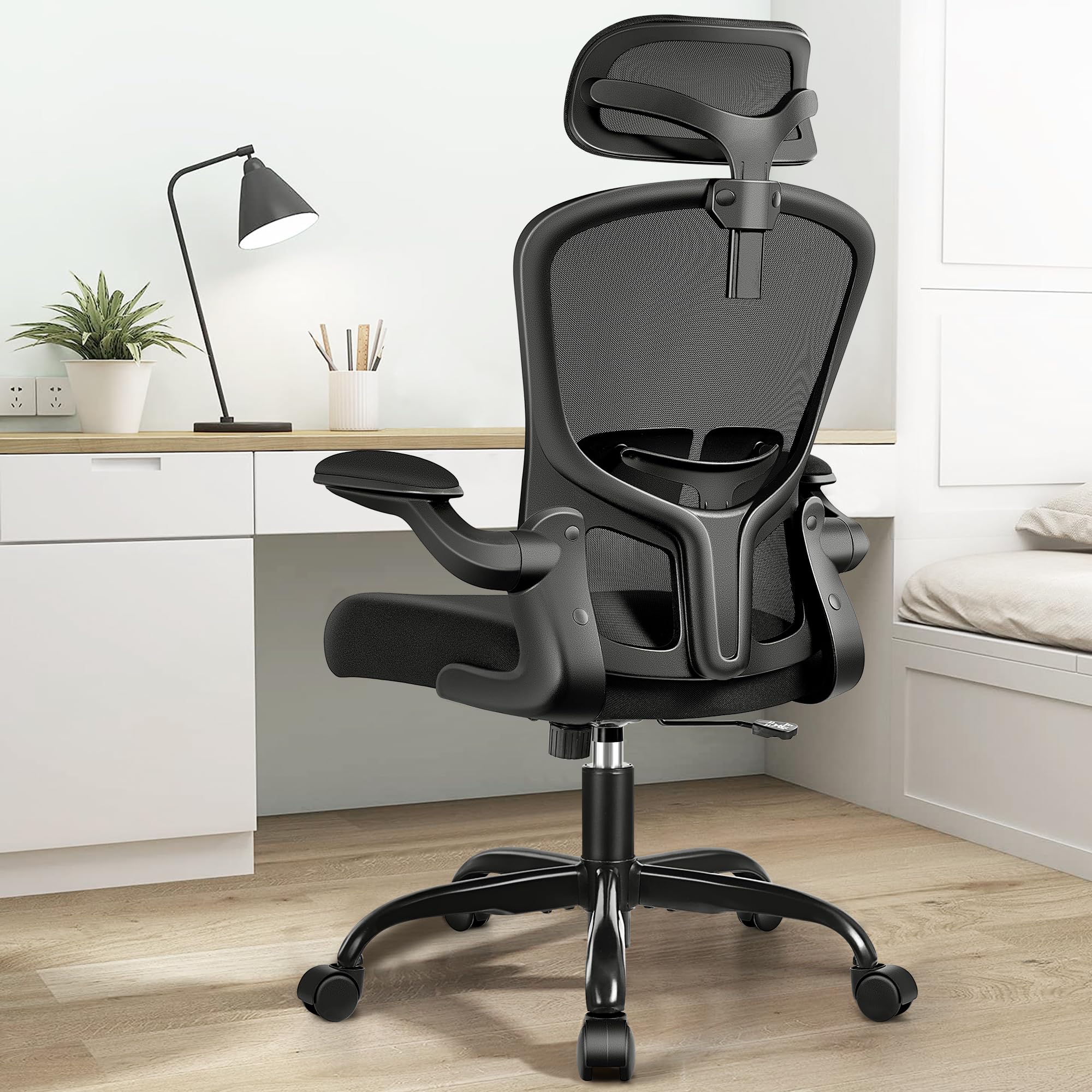FelixKing Ergonomic Office Chair, High Back Ergonomic Chair with Adjustable Lumbar Support and Wheels, Swivel Mesh Chair with 3D Headrest, 2D Armrests (Black)