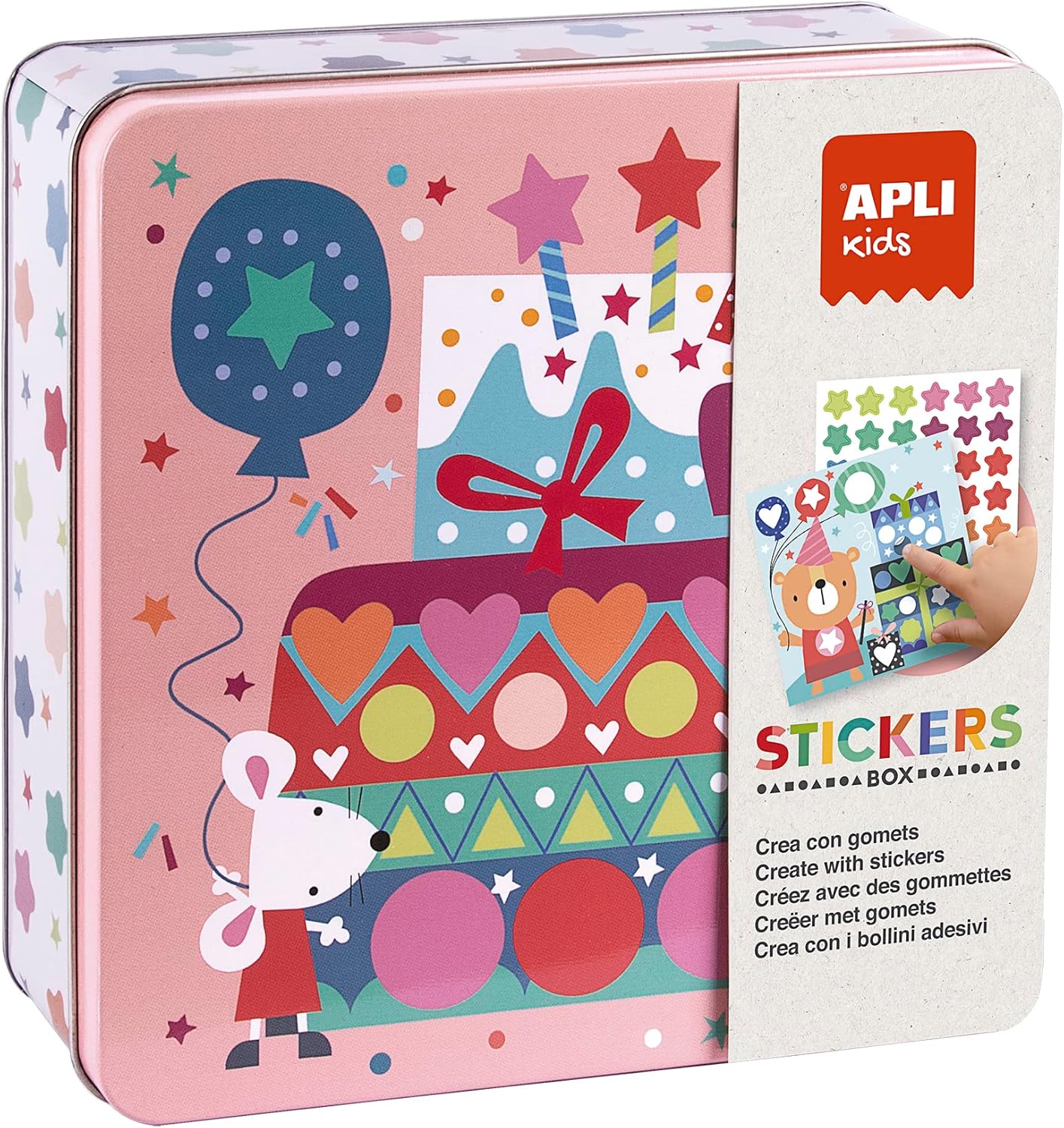 APLI Kids 19124-Juego de pegatinas con formas en caja metálica modelo Juego de gomets temáticos para completar las ilustraciones, color fiesta (19124)